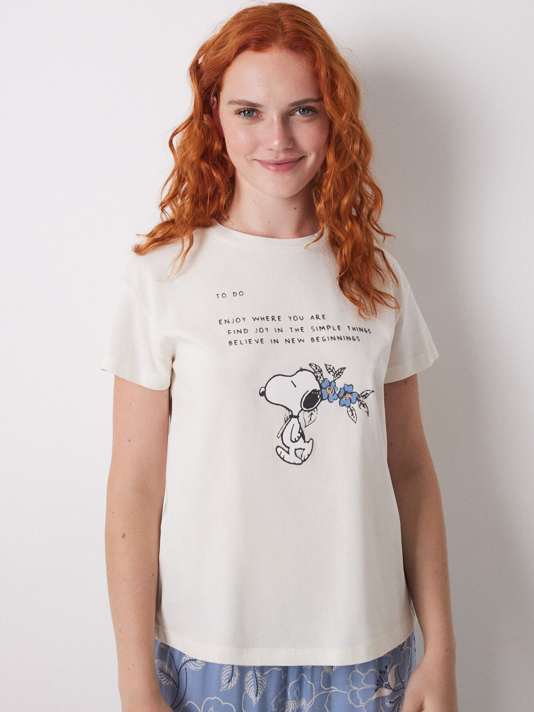 women'secret Peanuts Printed Drop Shoulder Sleeves Pure Cotton Lounge Tshirts