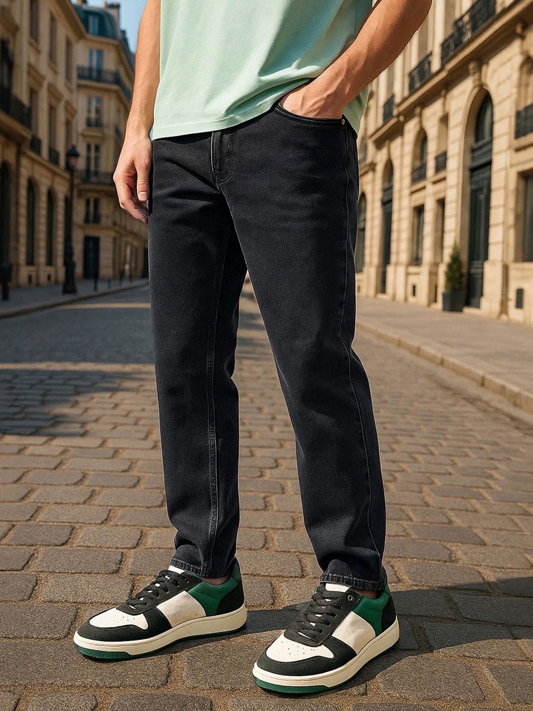 Bewakoof Men's Grey Slim Straight Fit Stretchable Mid-Rise Jeans