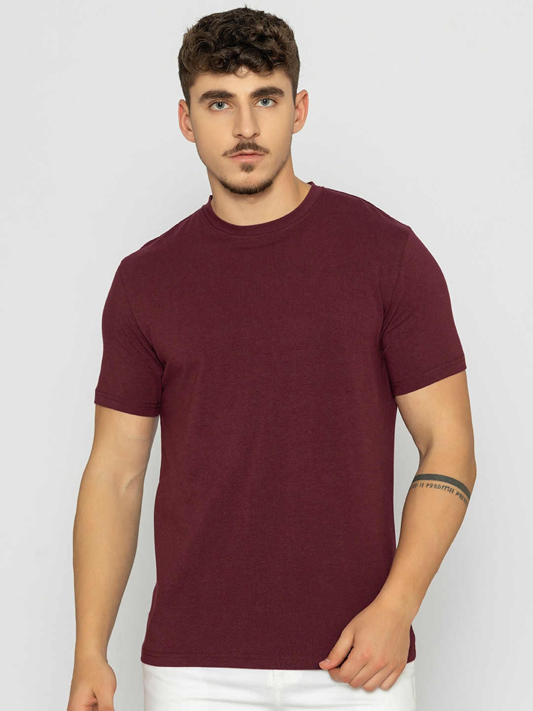 Bonjour Deep Plum Round Neck Half Sleeves T-Shirt
