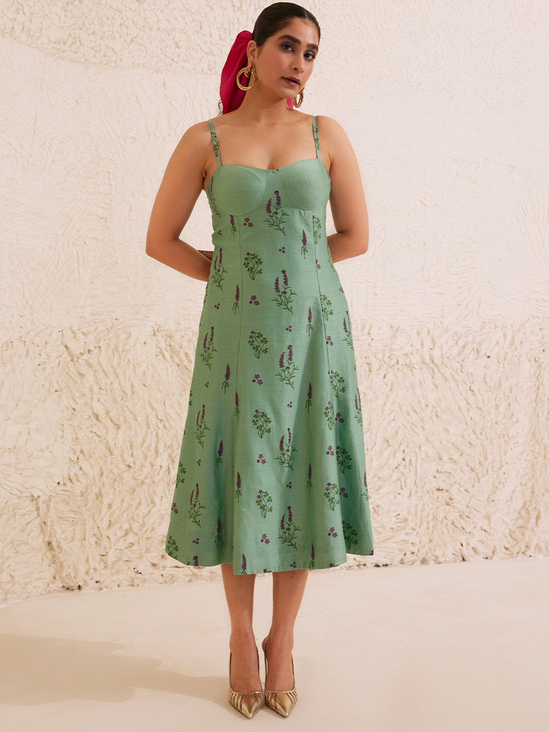 Dressfolk Women Teal Bustier Chanderi Dress with Hand-Block Print