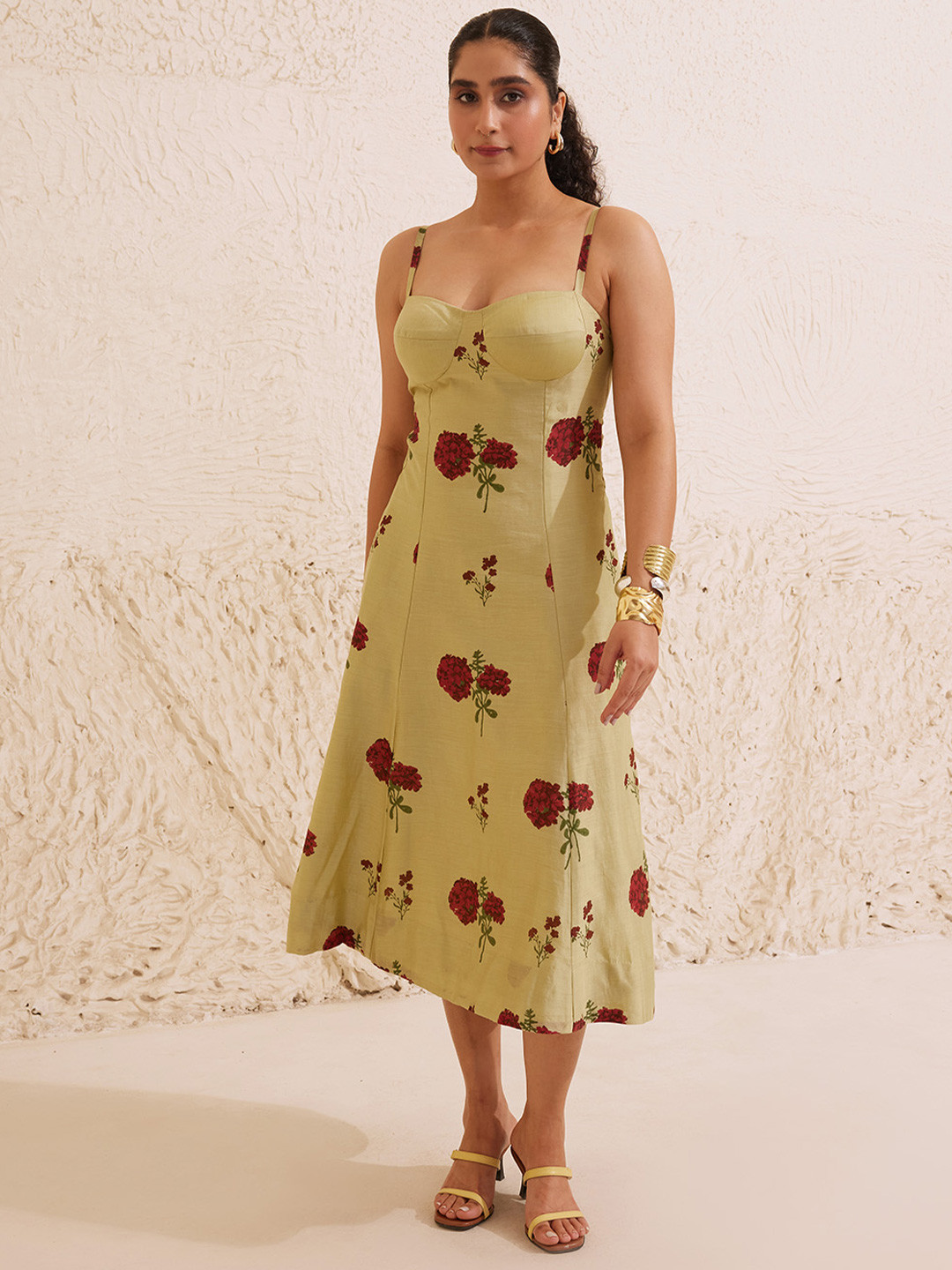 Dressfolk Women Green Chanderi Bustier A-Line Dress with Hand-Block Print