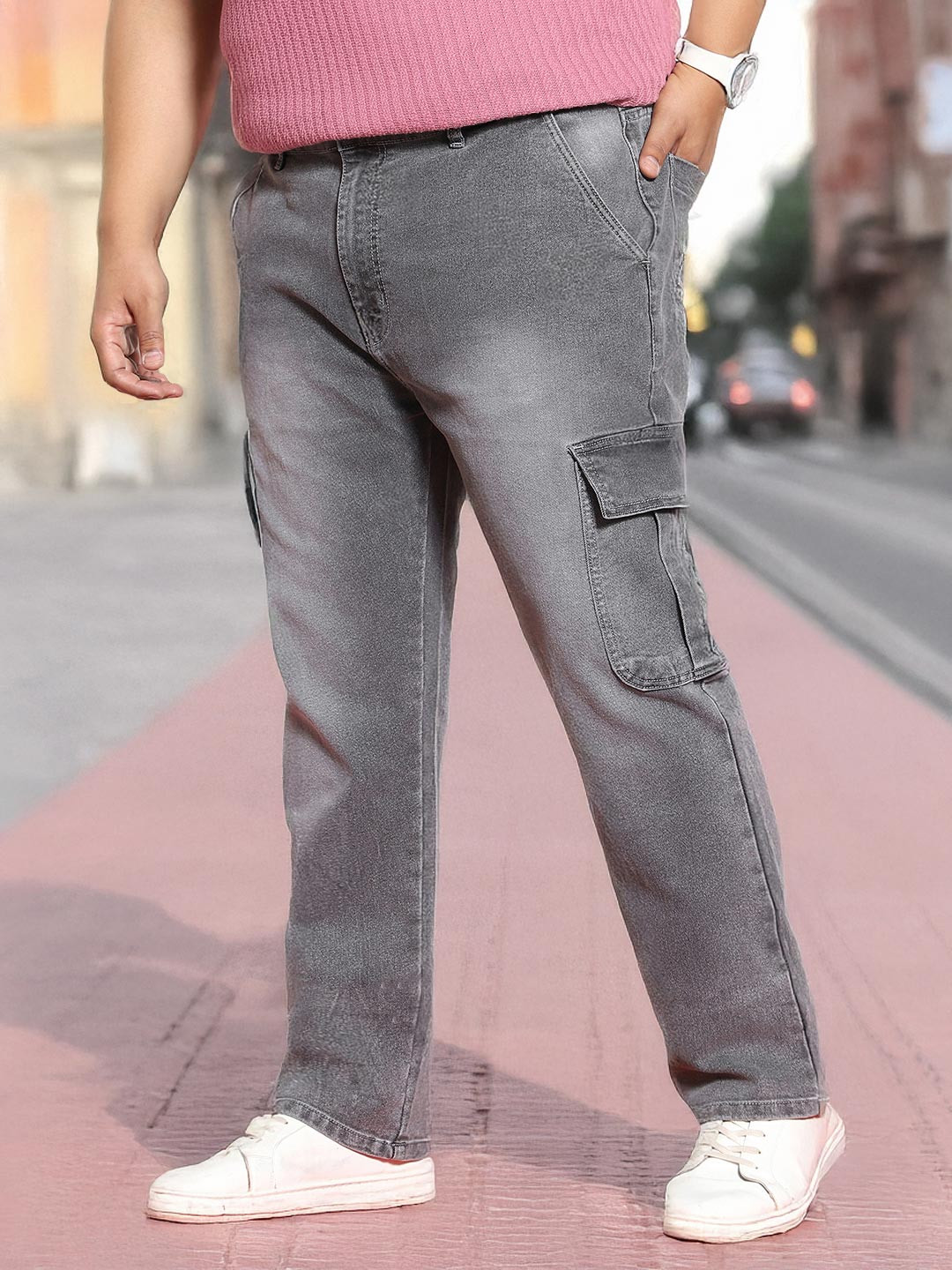 Urbano Plus Men Regular Fit Mid-Rise Washed Heavy Fade Stretchable Cargo Style Jeans