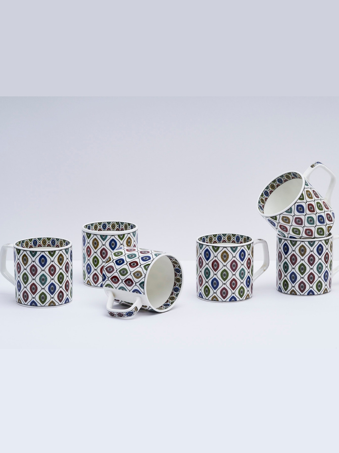 GOLDEN QUEEN'S Loveberry White Ethnic Motifs Bone China Handmade 6 Piece Cups-250ml