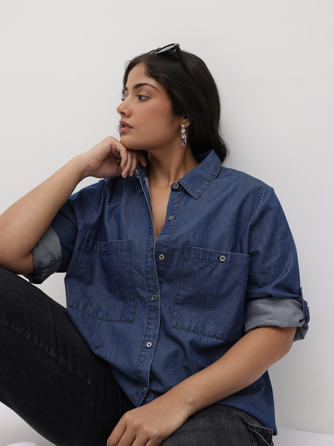 The Roadster Lifestyle Co. Plus Size Roll-Up Sleeves Pure Cotton Denim Shirt Style Top