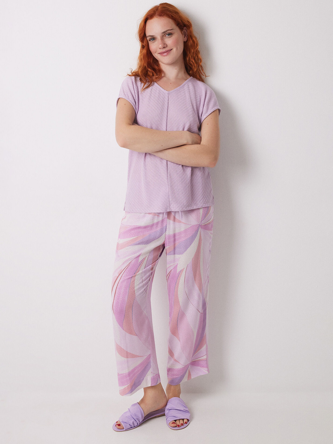 women'secret V-Neck Self Design Textured T-shirt With Printed Pyjamas