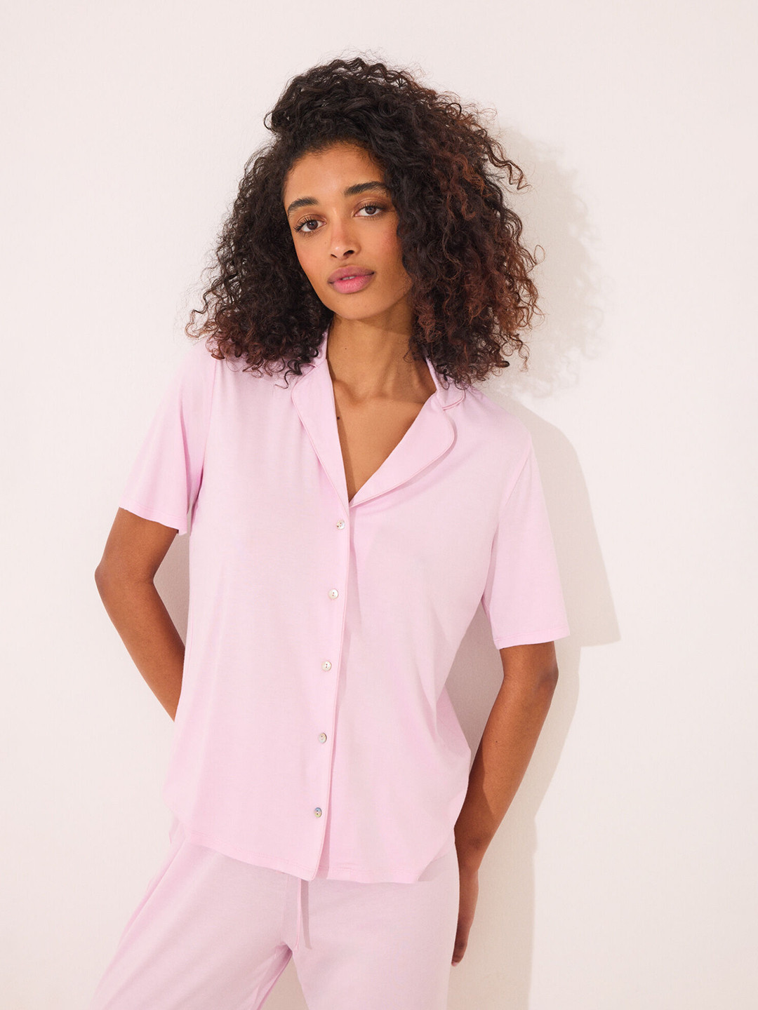 women'secret Striped Lapel Collar Shirt with Pyjamas 4759925-71-PINK
