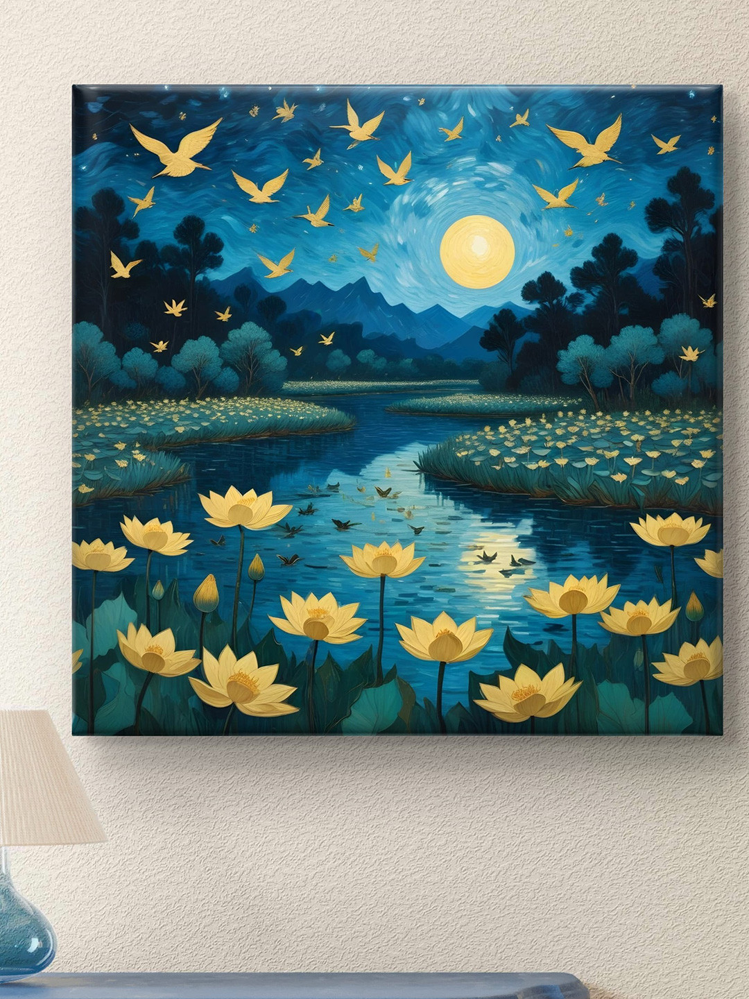 Myntra Elegant Homes Blue & Gold-Toned Moon and Flying Birds Canvas Wall Art