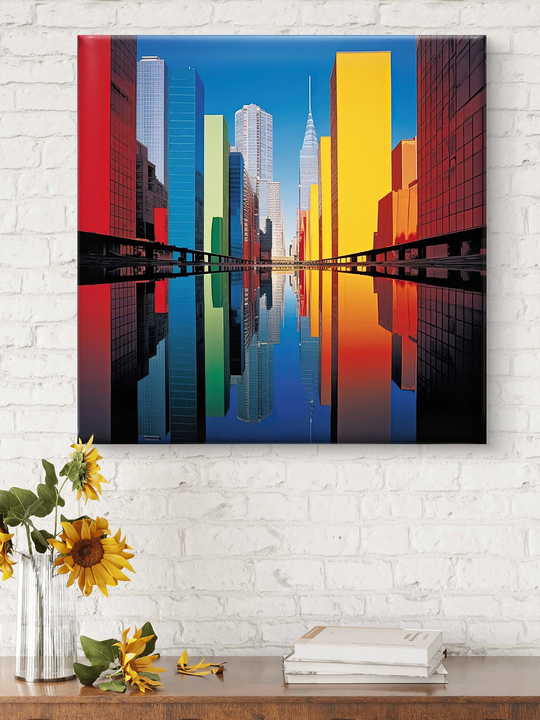 Myntra Elegant Homes Red & Blue Modern Art Building Canvas Wall Art