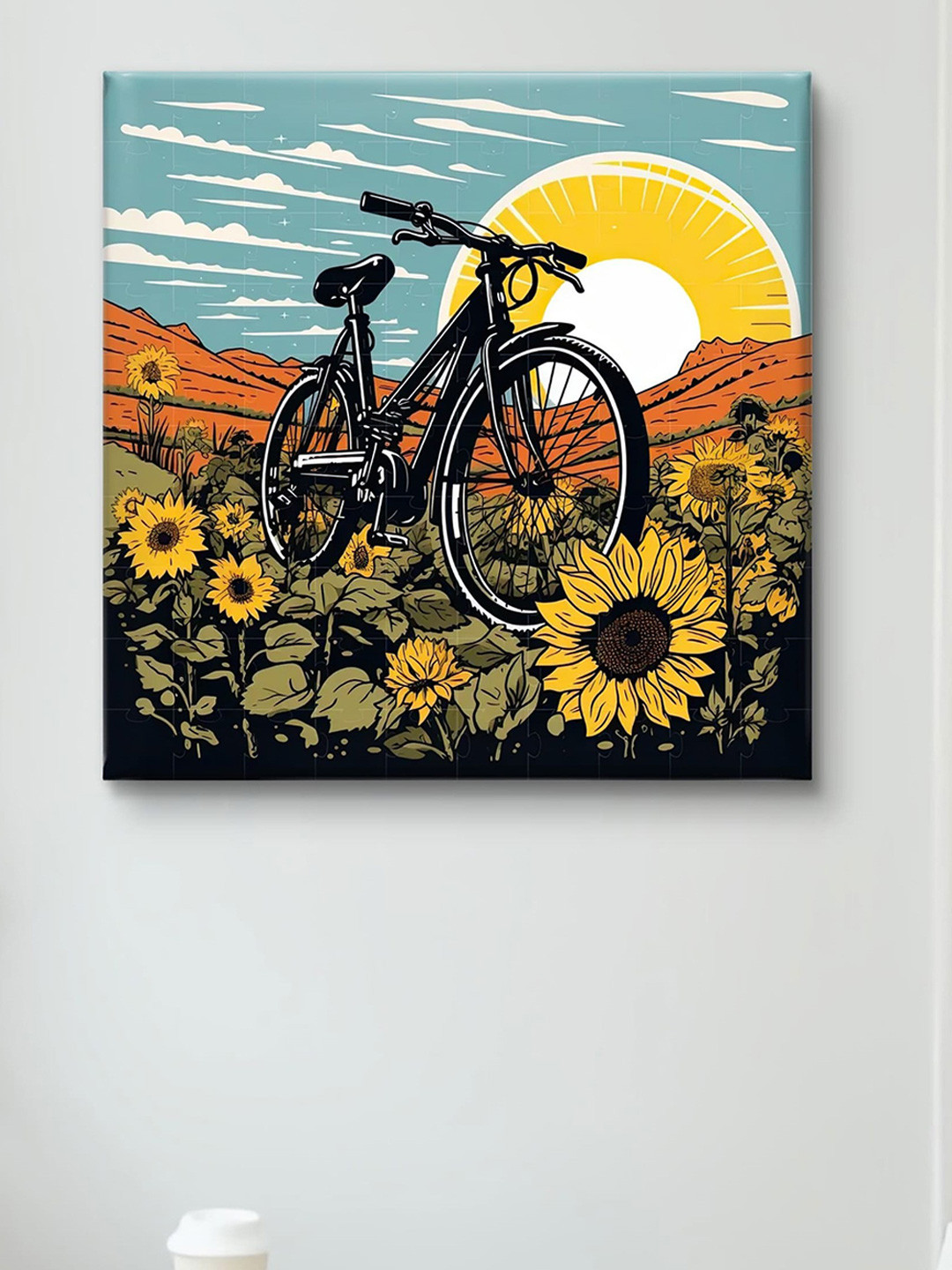 Myntra Elegant Homes Black & Yellow Sunflowers and Cycle Canvas Wall Art