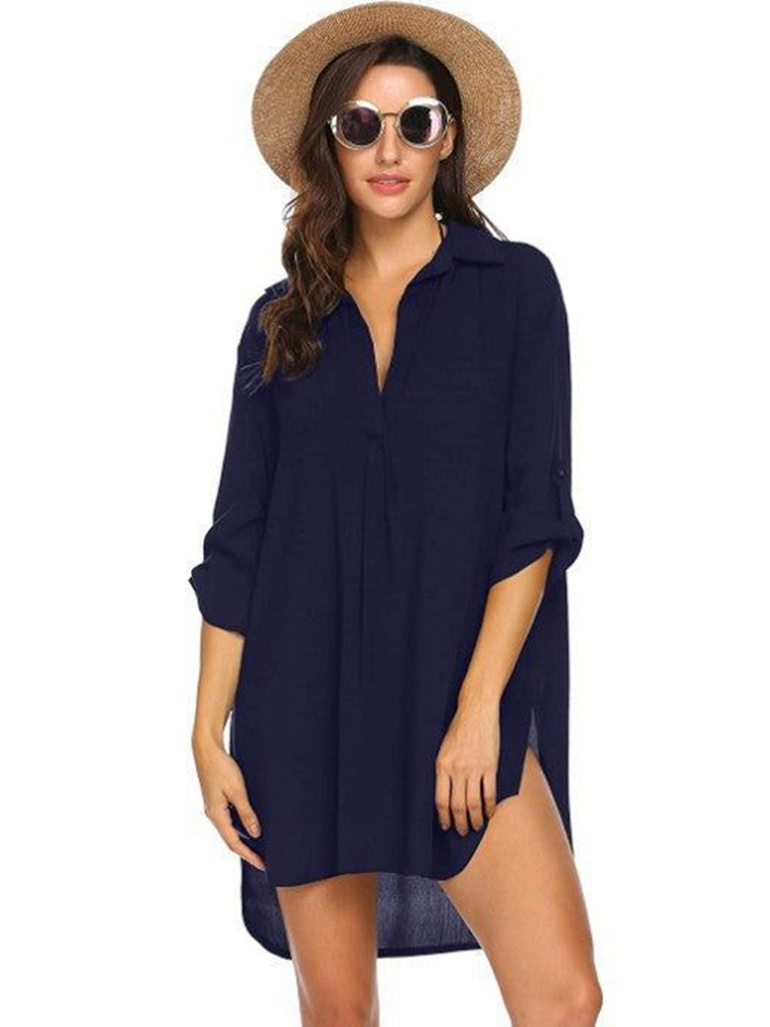 Outzidr Navy Blue Apple Hem Shirt Dress