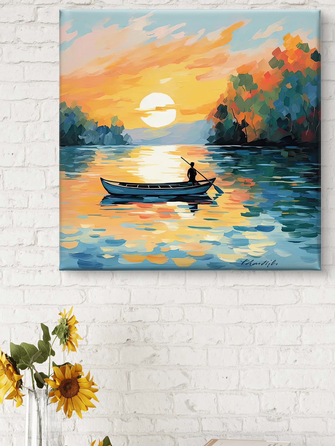 Myntra Elegant Homes Gold-Toned & Green Boat in River Canvas Wall Art
