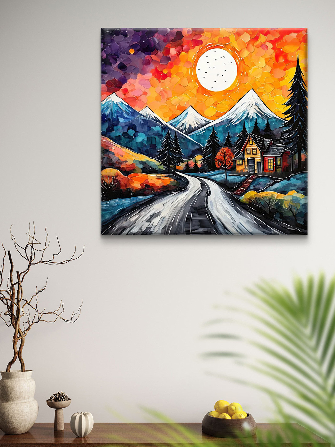 Myntra Elegant Homes Orange Colored & Black Moon Mountains Printed Canvas Wall Art