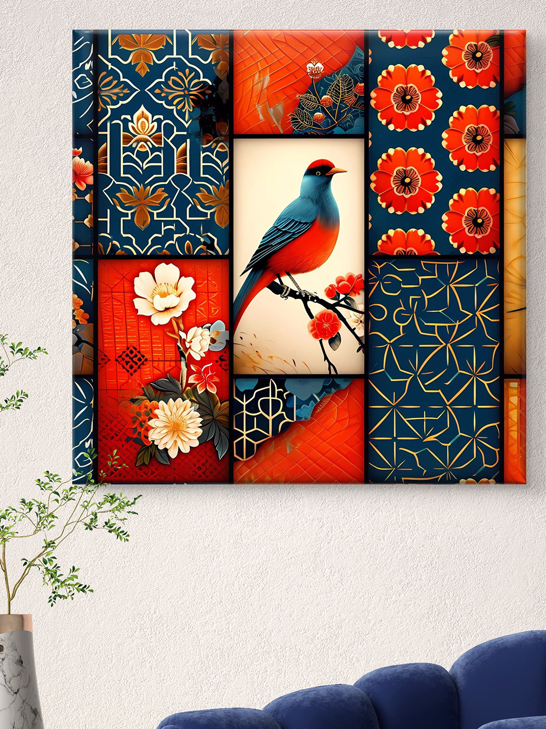 Myntra Elegant Homes Red & Green Birds and Flowers Canvas Wall Art