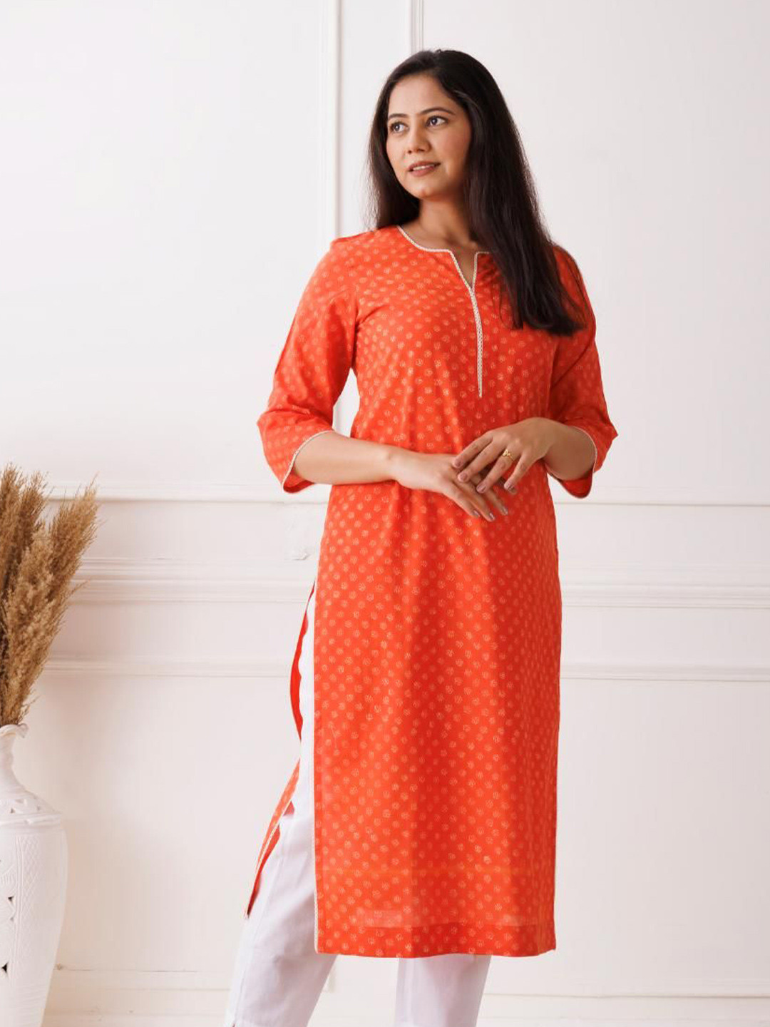 Gazal India Floral Printed Notch Neck Pure Cotton Straight Kurta