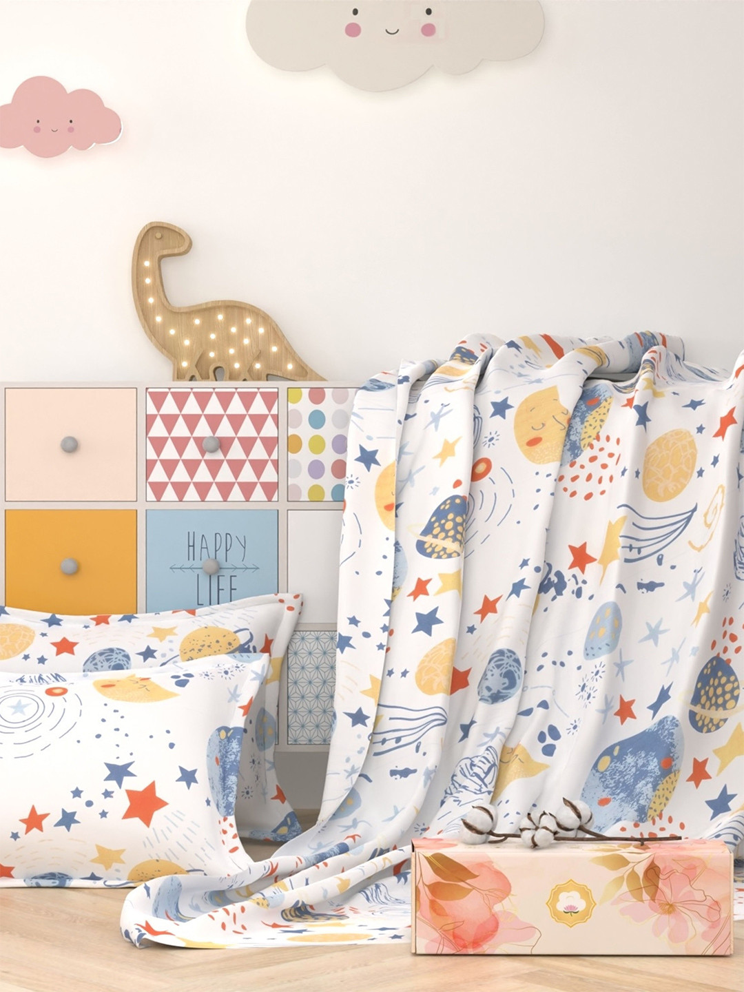 Pure Decor Kinder White Conversational Cotton 400 TC Queen Superfine Bedsheet with 2 Pillow Covers-228 x 254 cm