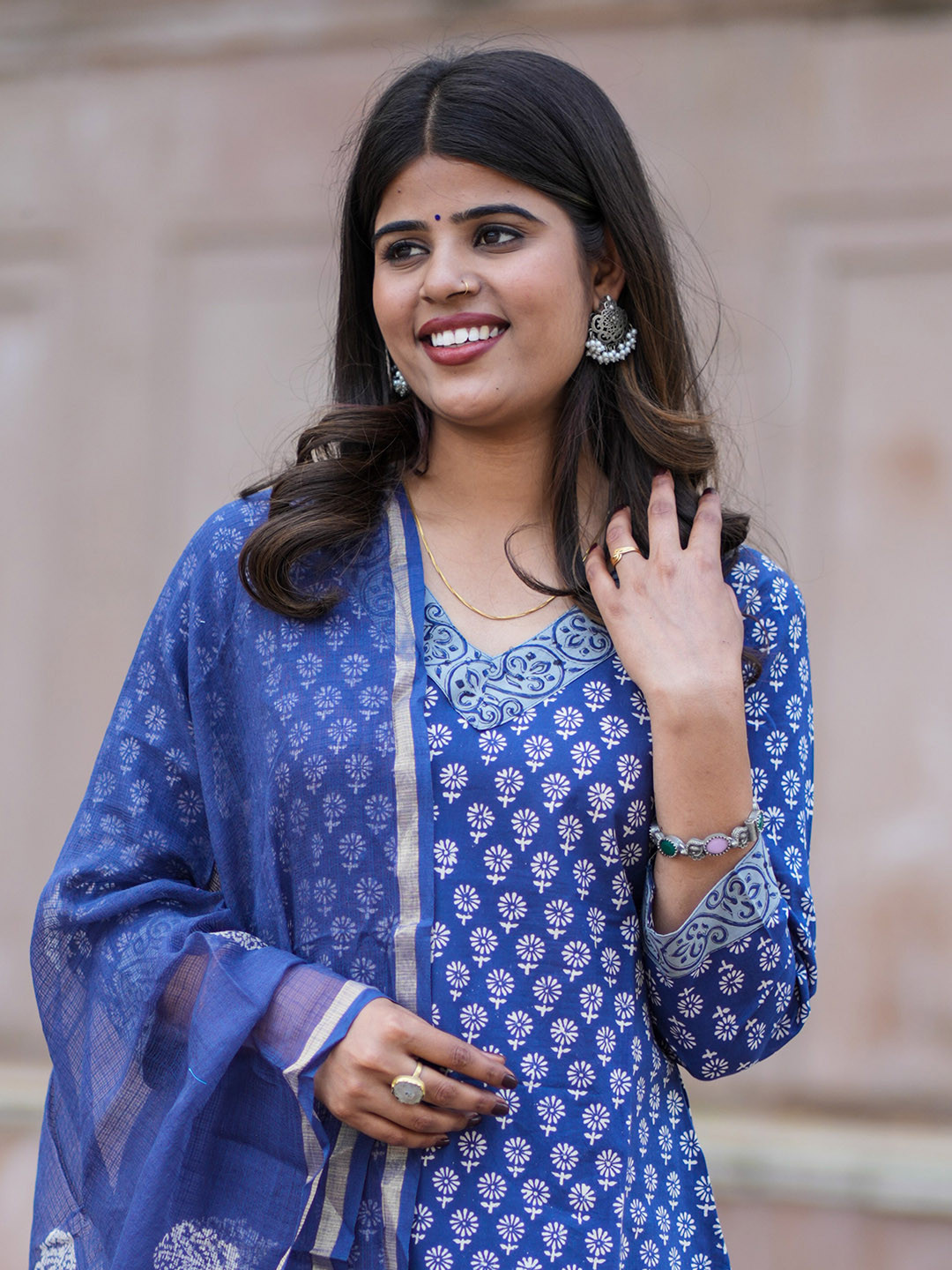 Bahe Kurtiz Cotton Handblock Straiight Kurta with Trousers & Dupatta