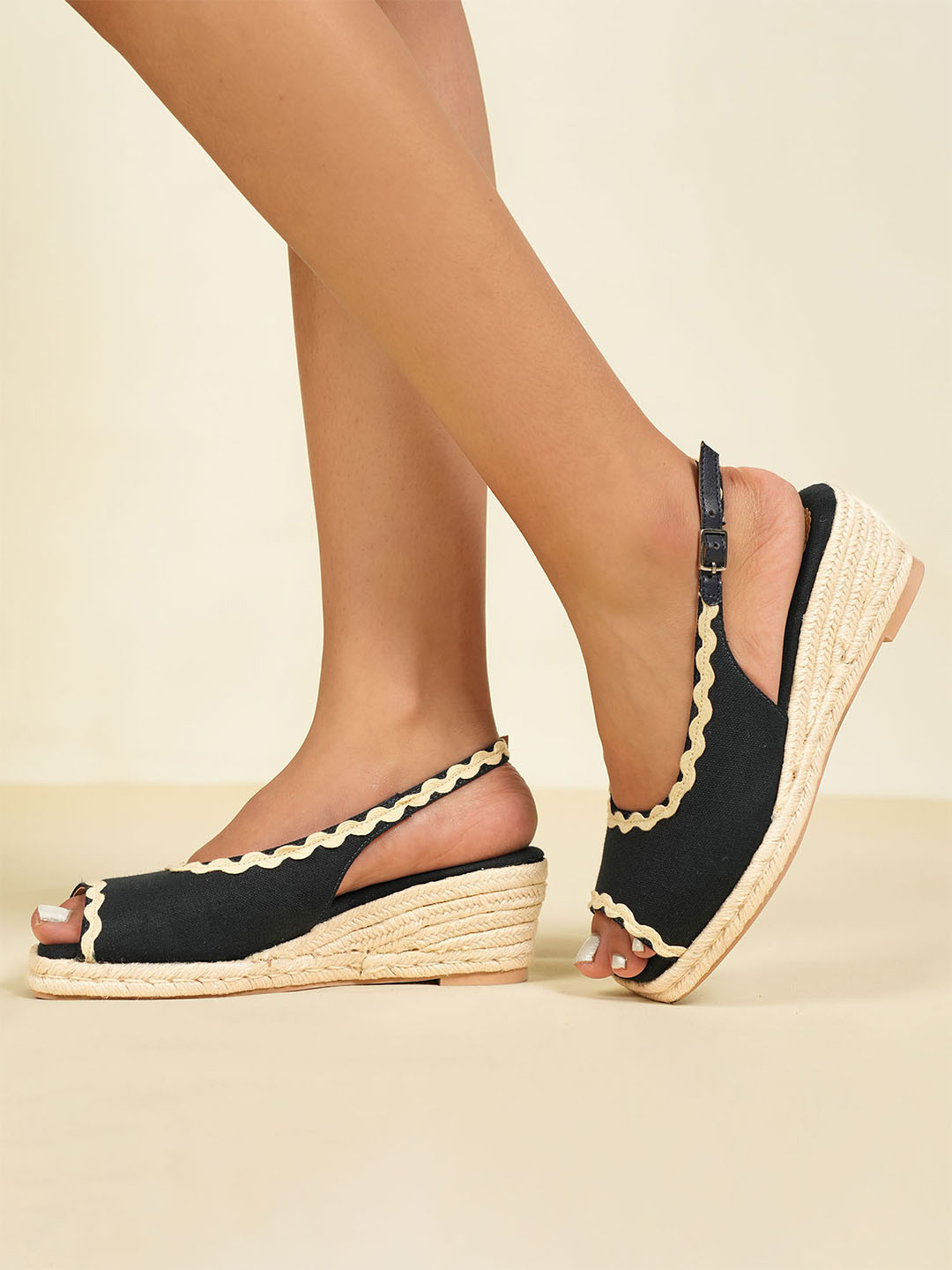Theater Women Provence Navy Blue Slingback Wedge Heels
