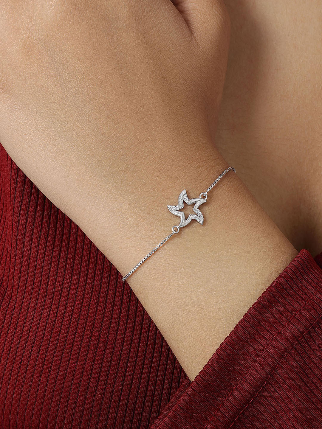 Tweov Jewels 925 Sterling Silver Rhodium-Plated CZ Studded Star Chain Bracelet