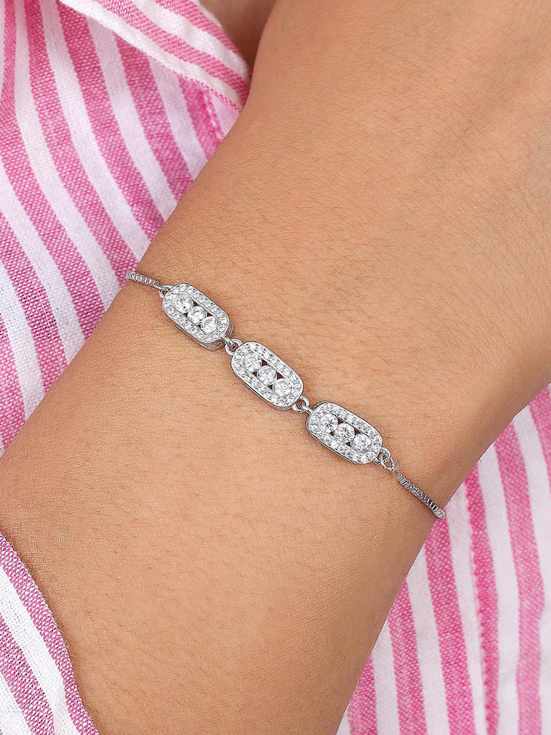 Tweov Jewels 925 Sterling Silver Rhodium Plated CZ Triple Charm Link Chain Bracelet