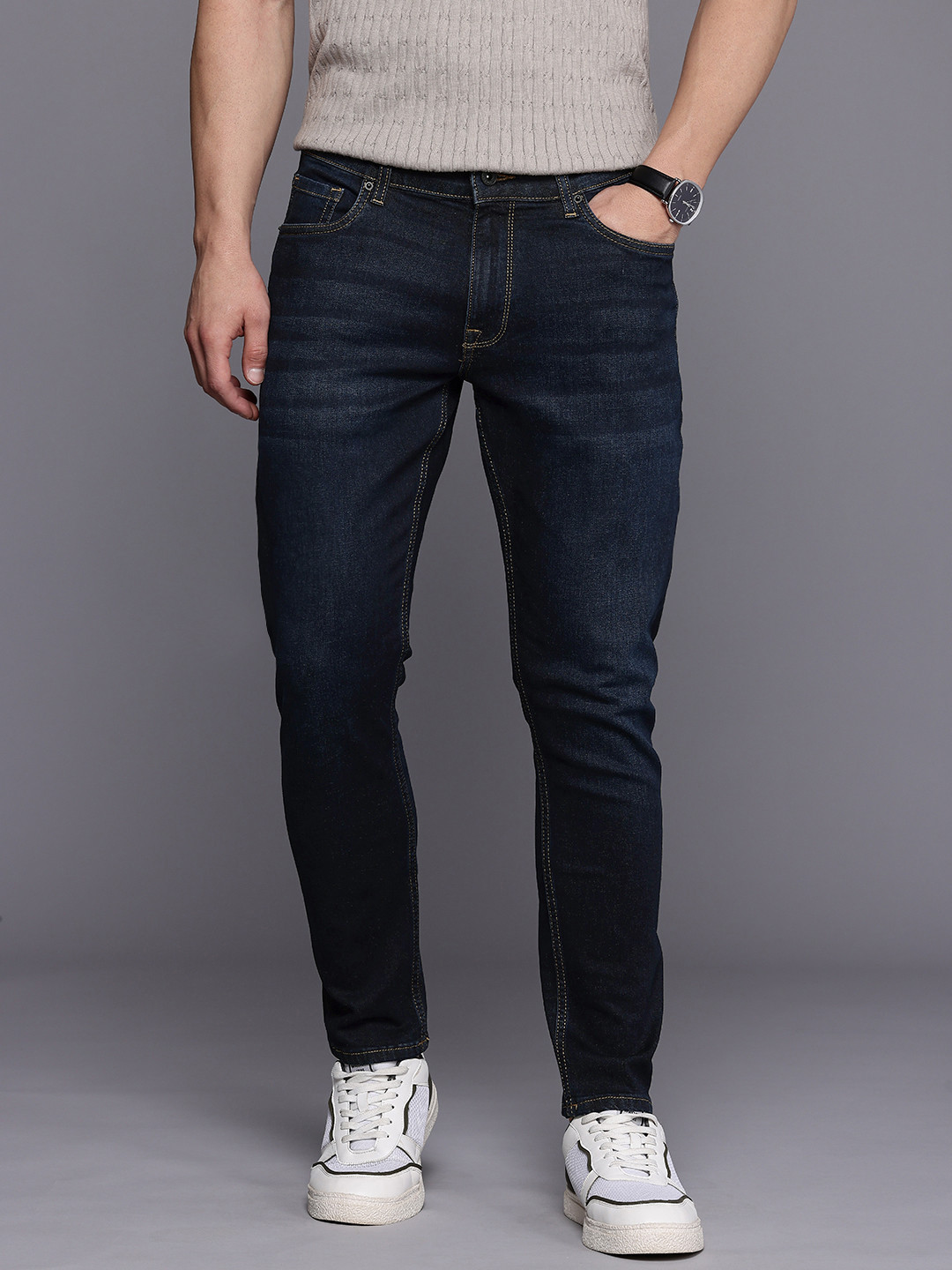 Louis Philippe Jeans Men's Stretchable Slim Fit Ankle length Cropped Mid Rise Jeans