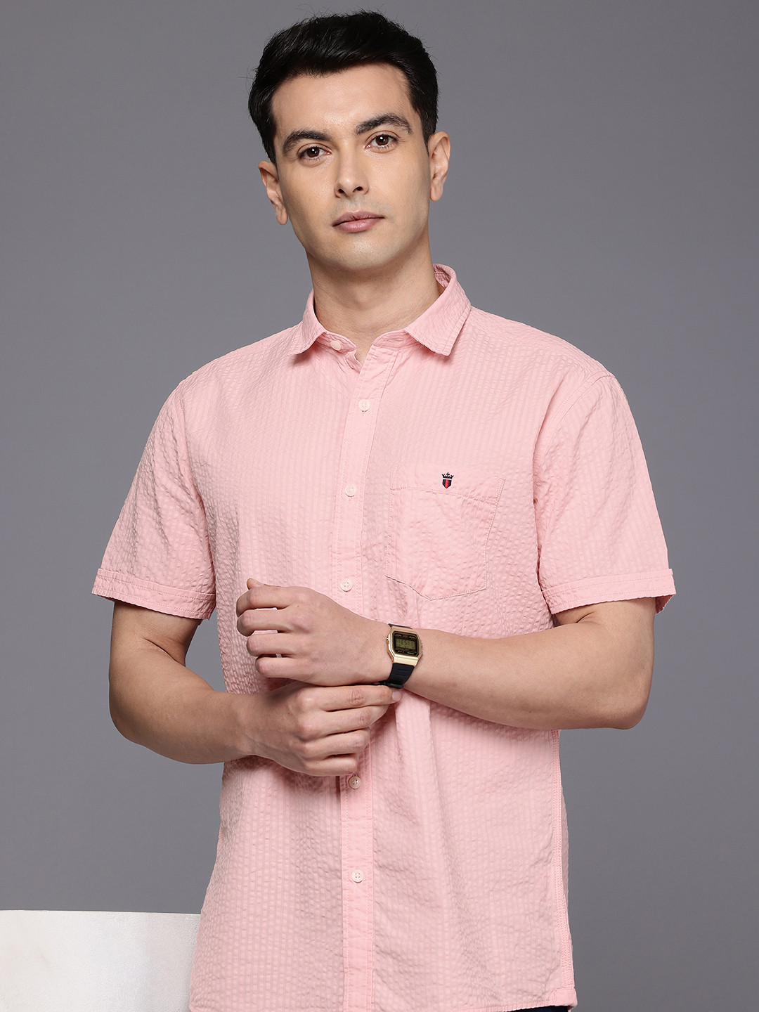 Louis Philippe Jeans Slim Fit Seersucker Pure Cotton Casual Shirt