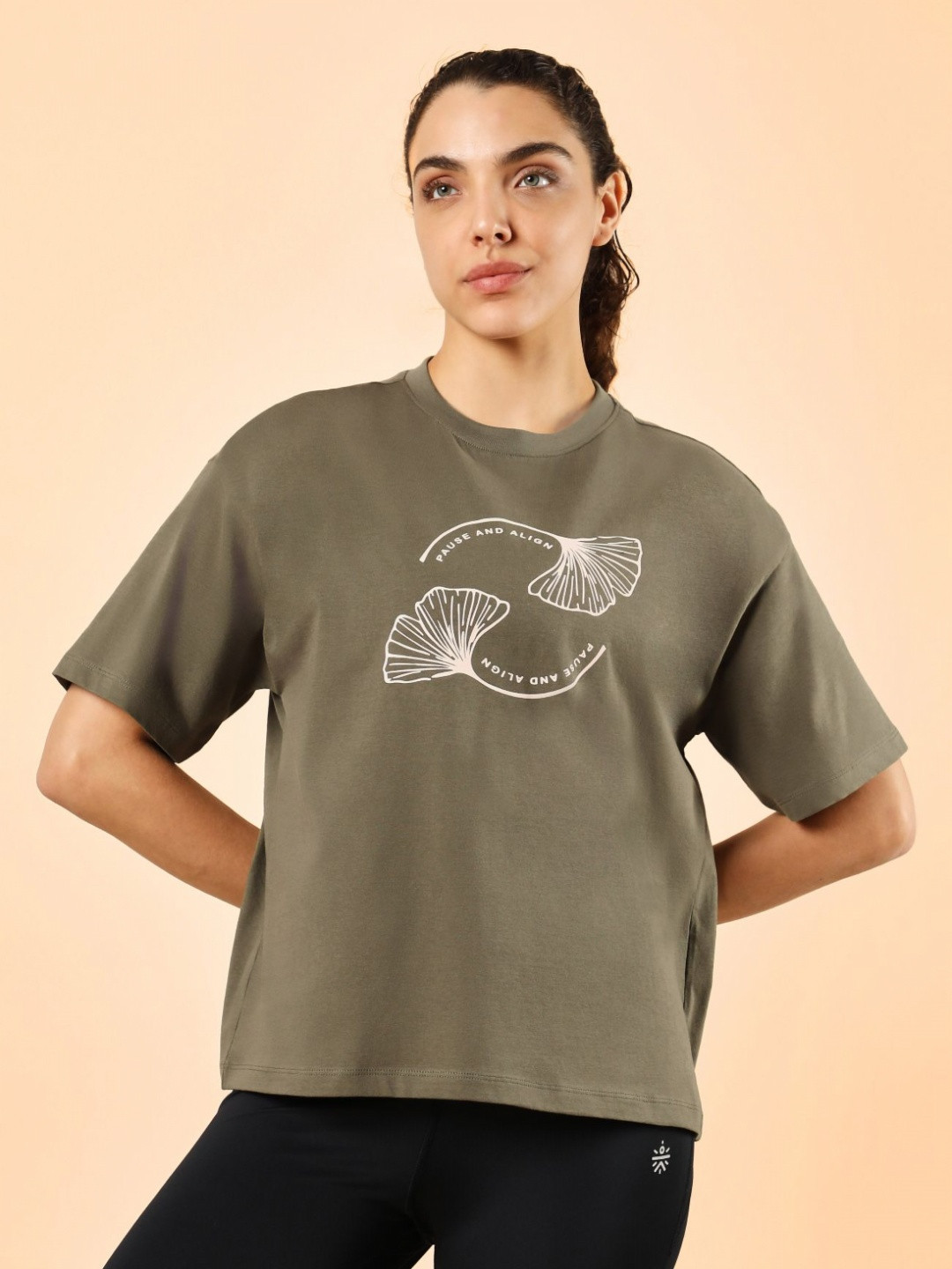 CULT Women Olive Pause and Align Printed T-shirt