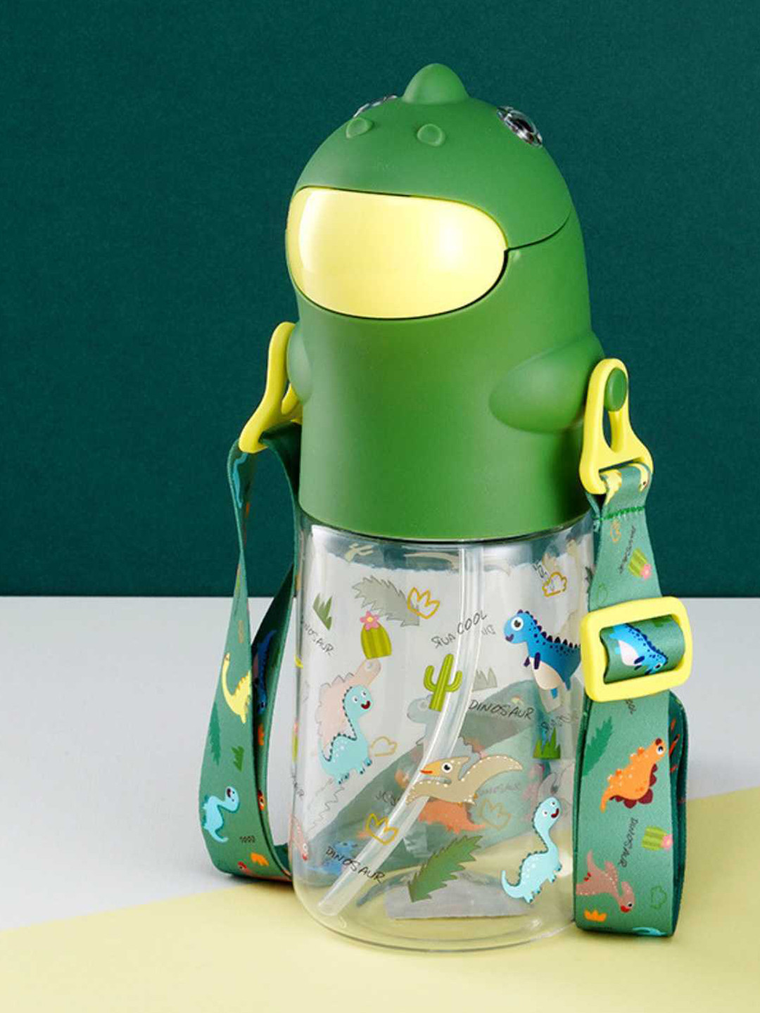 YK Green & Transparent Single Stainless Steel Printed Cute Dinosaur Water Bottle 560ML