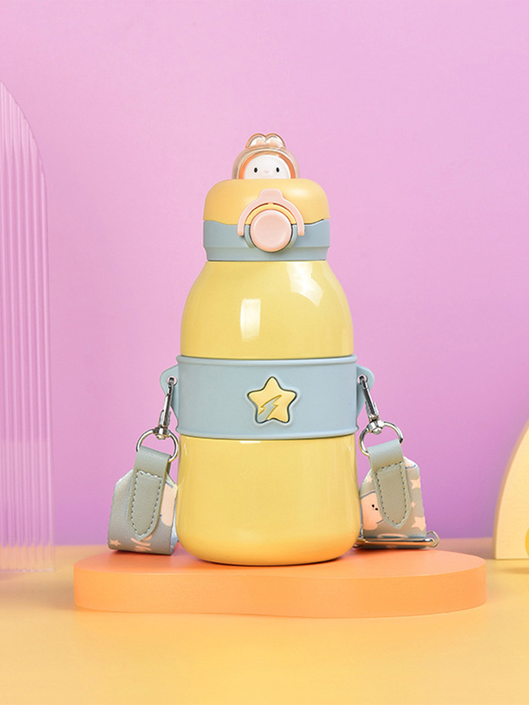 YK Kids Yellow Stainless Steel Cute Animal-Themed Insulated Water Bottle With Strap 490ml