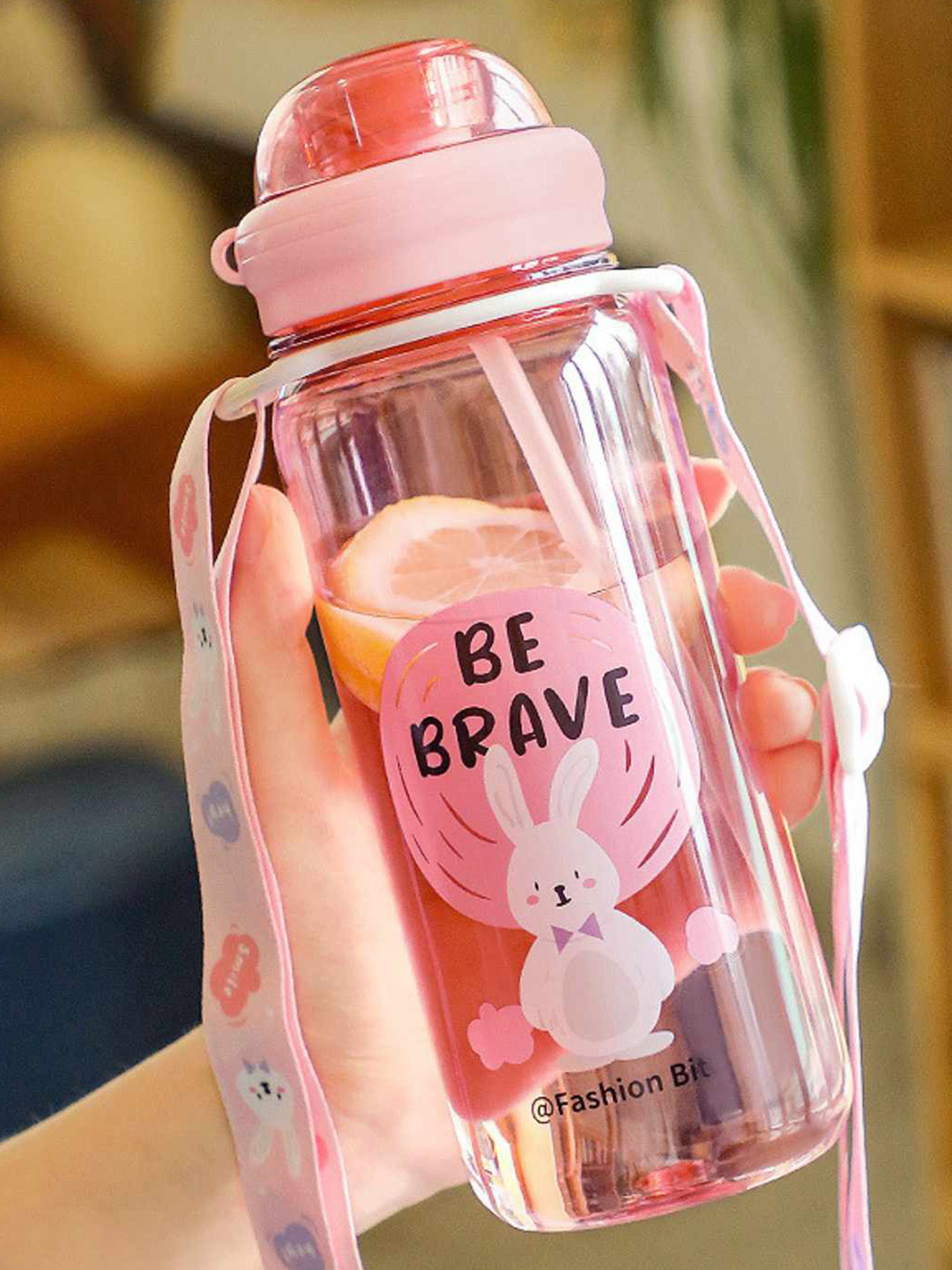 YK Kids Pink Animal Printed Sipper Water Bottle With Straw & Adjustable Strap - 520 ml