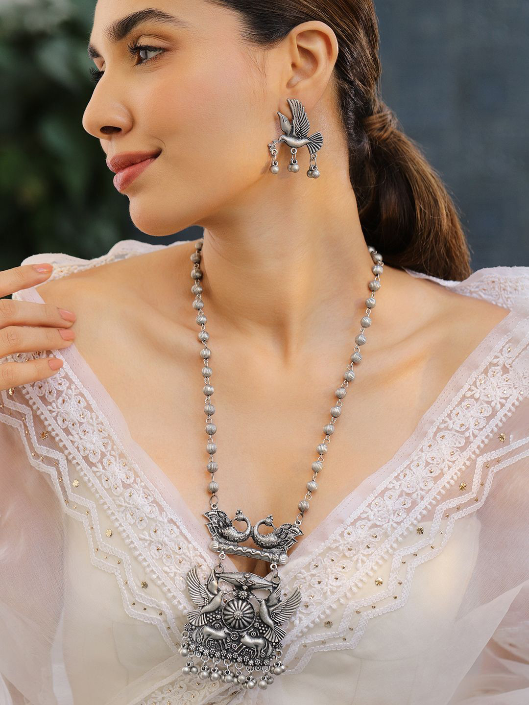 Rubans Oxidised Silver-Plated Bird & Deer Motif Statement Necklace Set