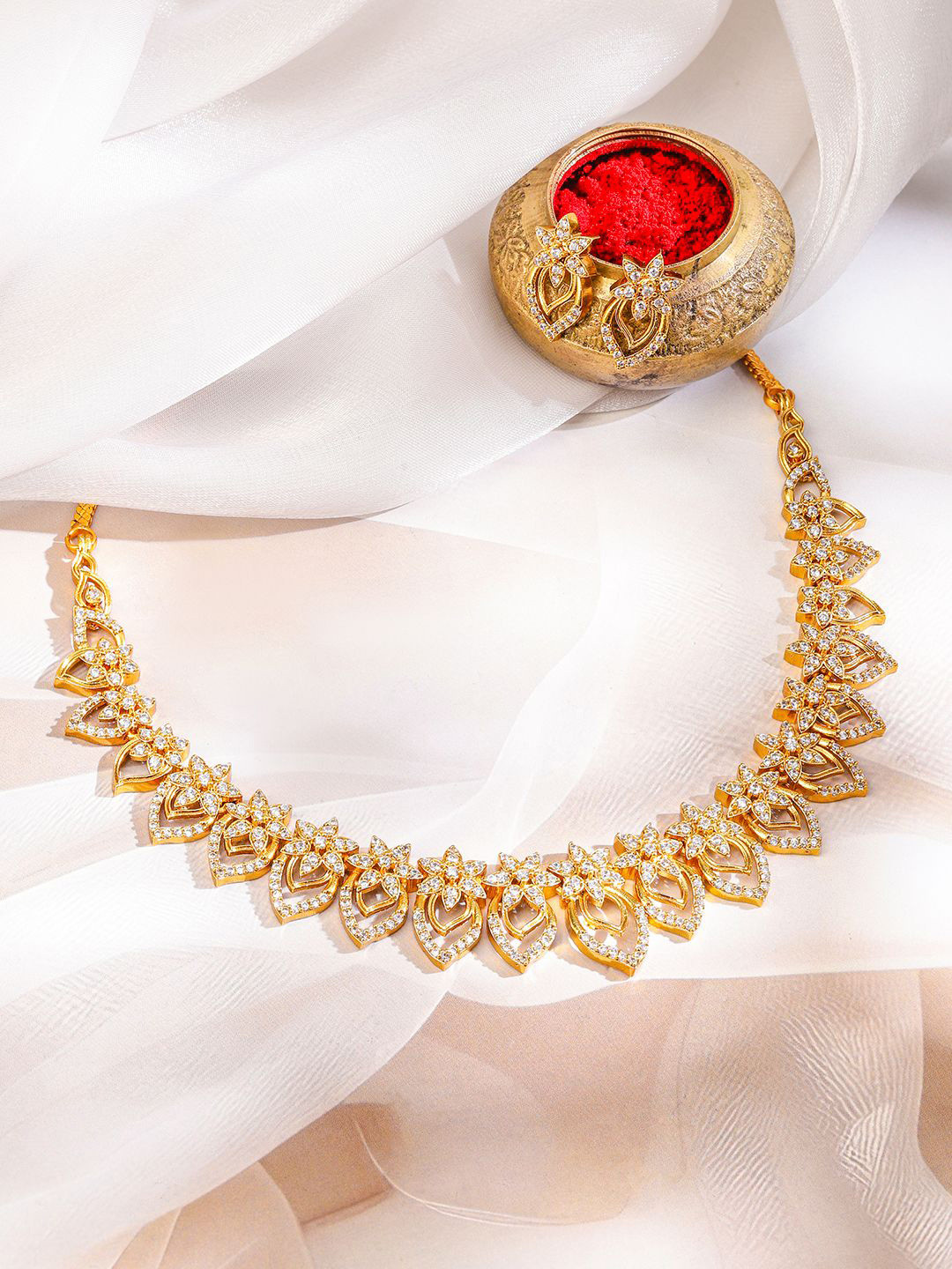 Rubans 22K Gold-Plated White Cubic Zirconia Studded Lotus Motif Necklace Set
