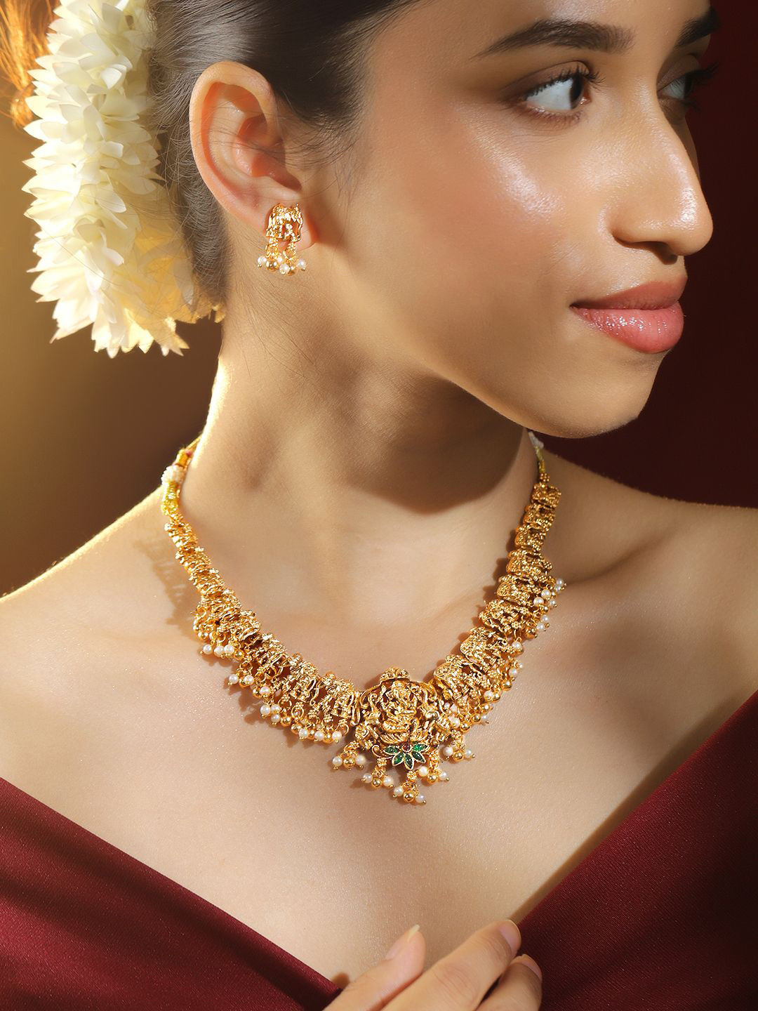 Rubans 22K Gold-Plated Ruby Emerald & Pearl Beaded Divine Ganesh Motif Temple Necklace Set