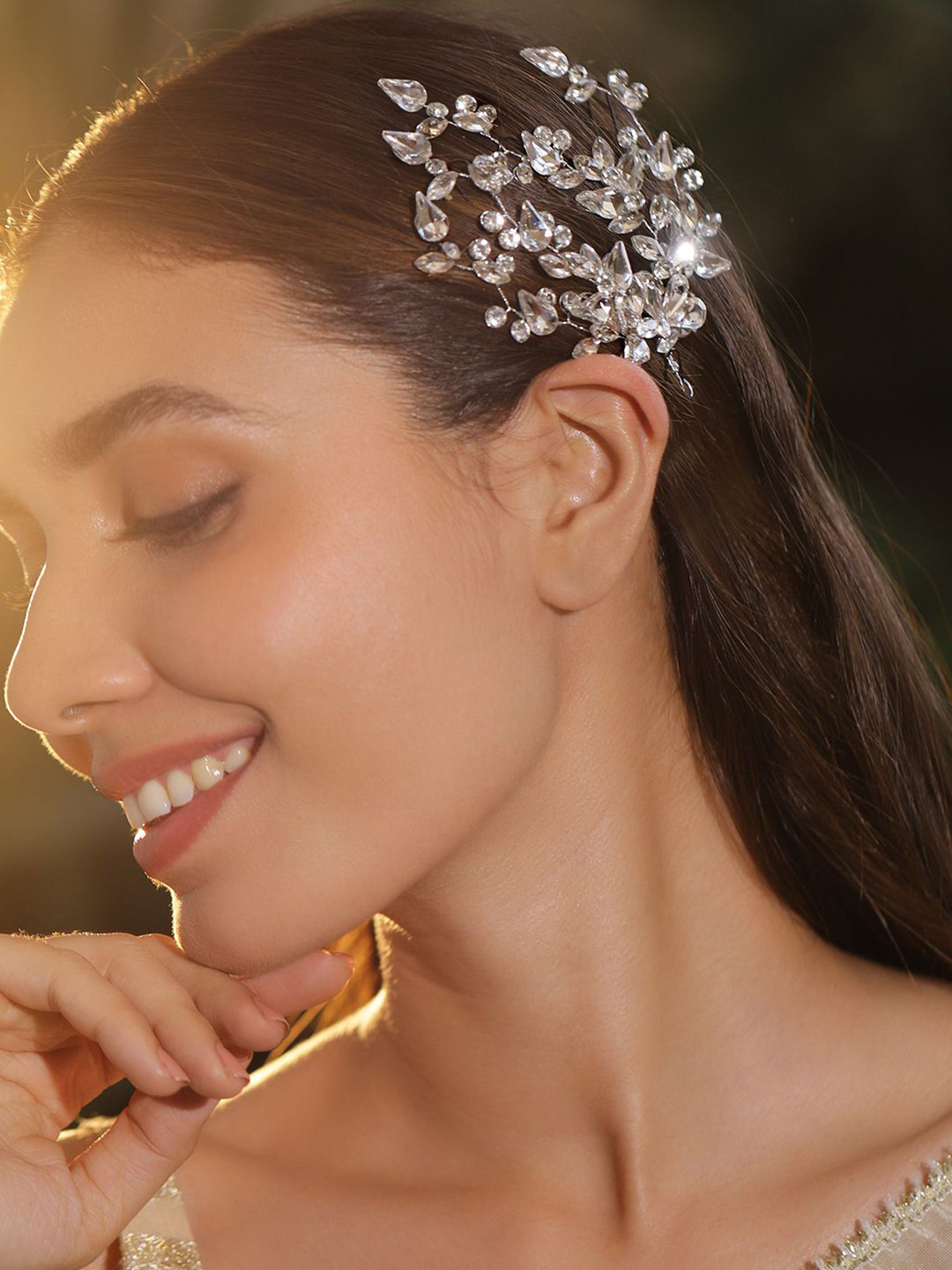 Rubans Handcrafted Silver-Toned Crystal Floral Side Clip Hair Accessory