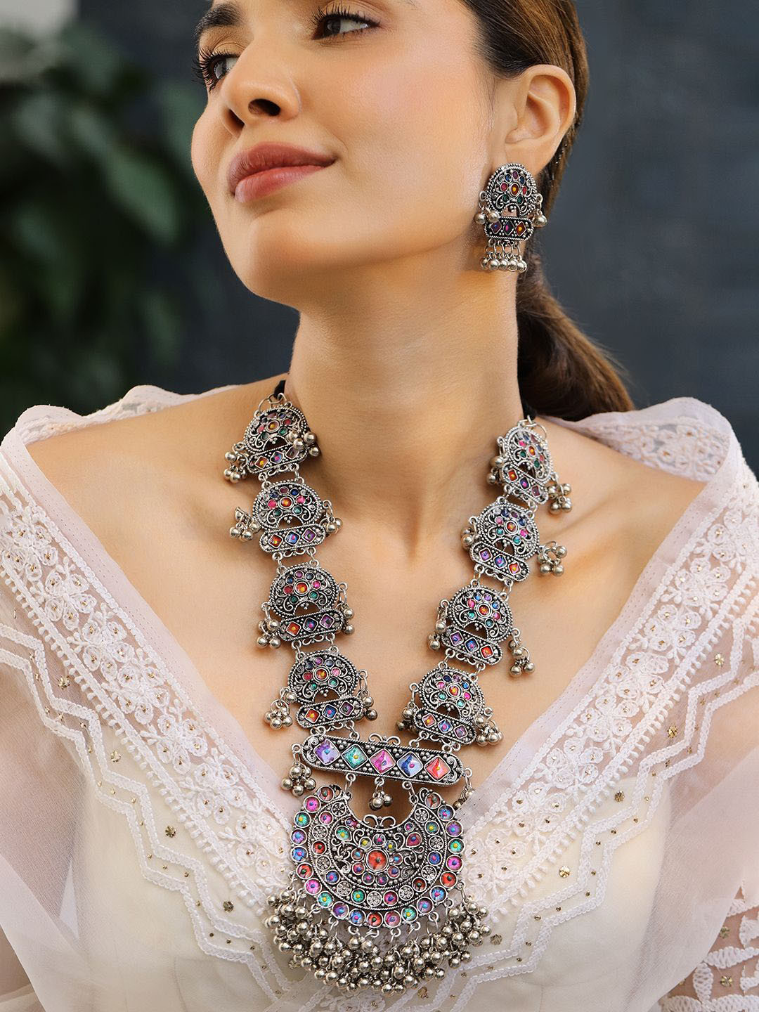 Rubans Oxidised Silver-Plated Multicolour Stone Studded Ghungroo Drop Afghani Necklace Set