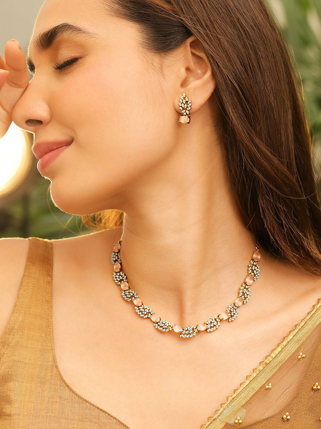 Rubans 22K Gold-Plated Pastel Rose Pink & White Cubic Zirconia Studded Necklace Set