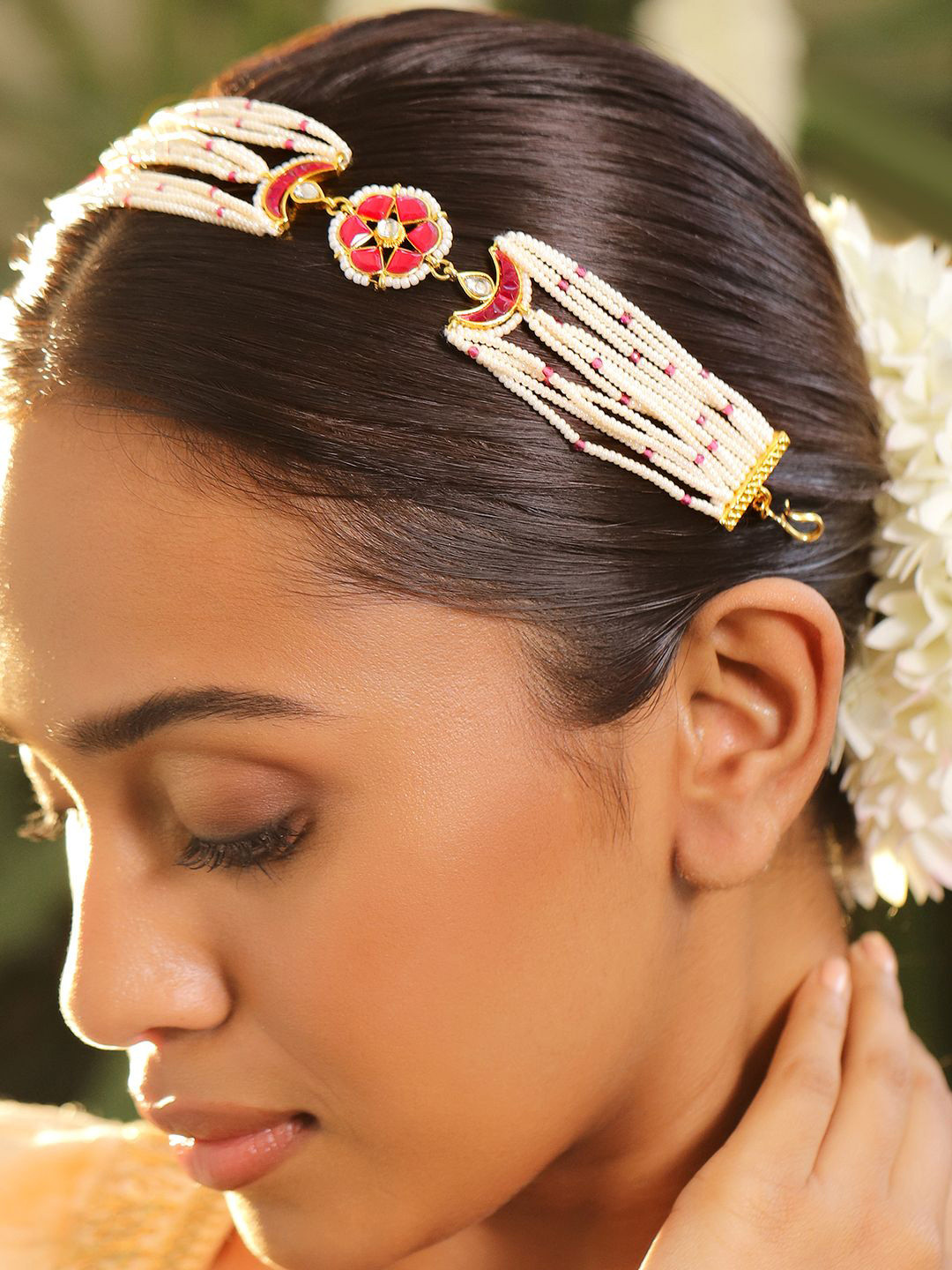 Rubans 22K Gold-Plated Ruby Pink Kundan & White Pearl Beaded Bridal Mattha Patti Headpiece