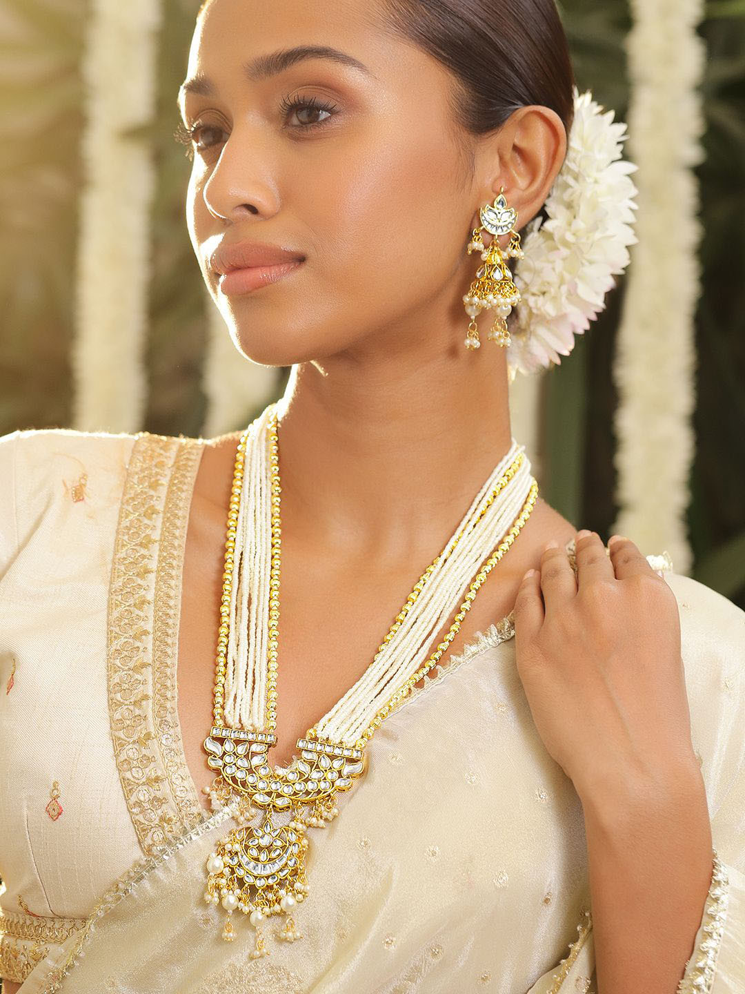 Rubans 22K Gold-Plated Kundan Studded Multi-Strand Pearl & Gold Beaded Necklace Set
