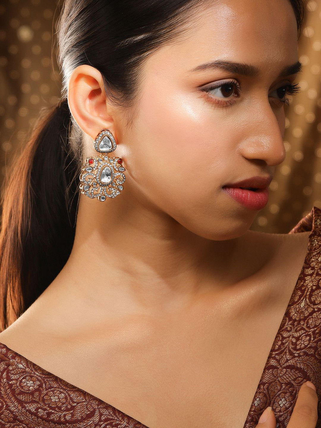 Rubans 18K Gold-Plated White Zirconia Gemstone Studded Chandelier Earrings