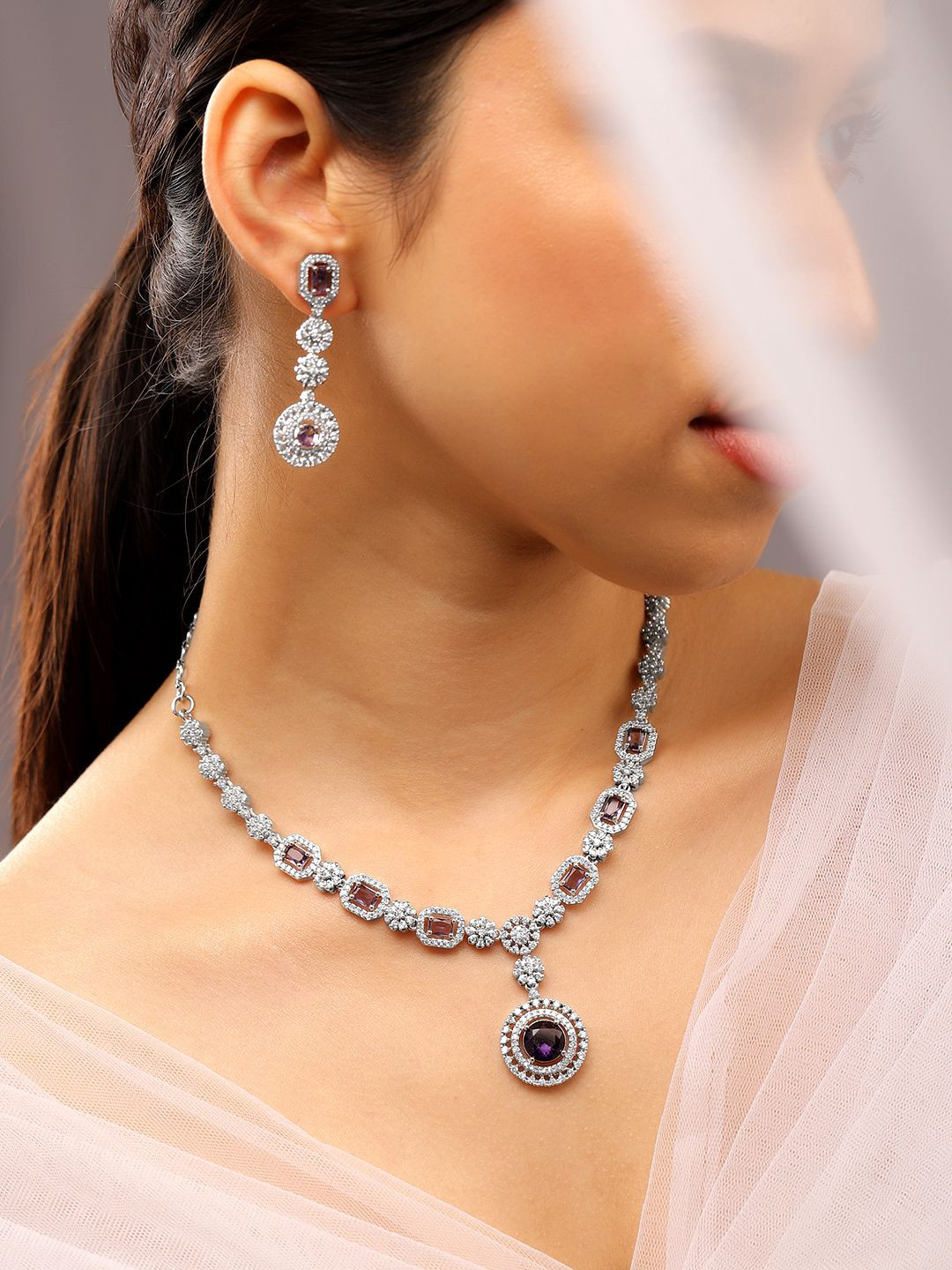Rubans Rhodium-Plated Amethyst Purple & AAA Cubic Zirconia Necklace Set in Silver Tone