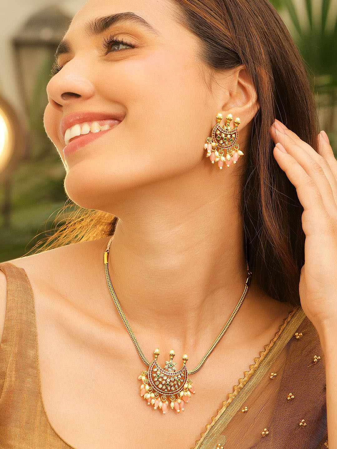 Rubans 22K Gold-Plated Mint Green Ruby Pink Stone & Pastel Pink Bead Crescent Necklace Set