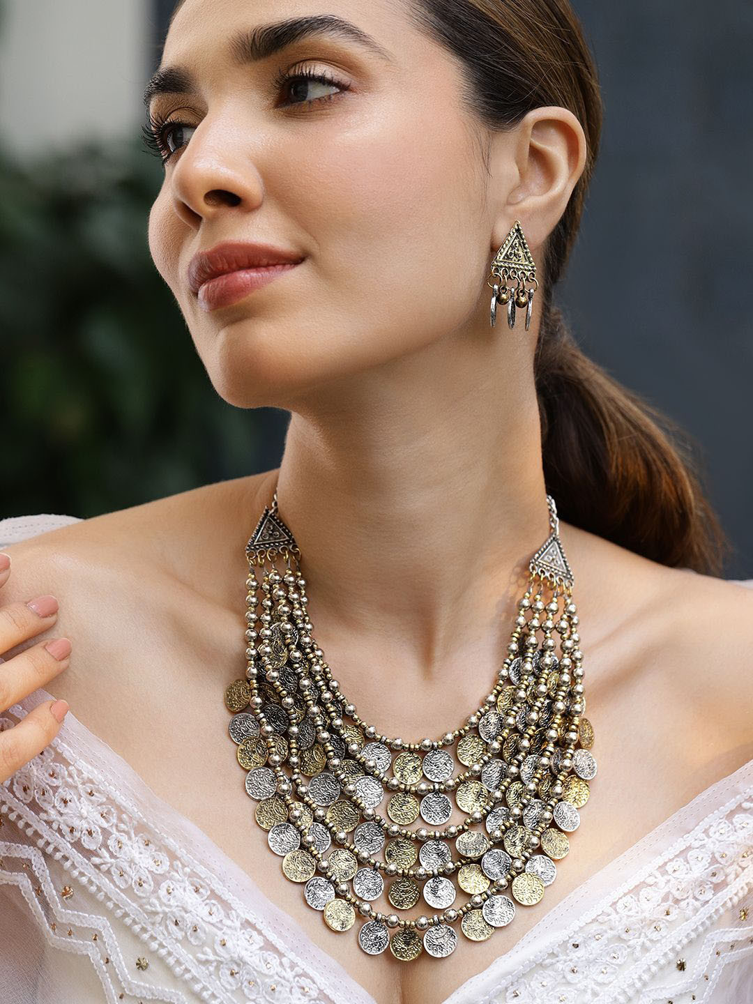 Rubans Oxidised Silver & Gold Dual-Plated Multilayer Coin Statement Necklace Set