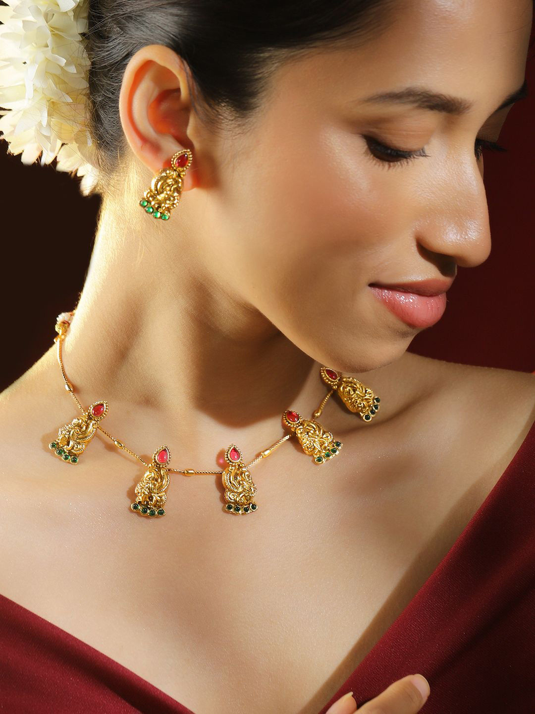 Rubans 18K Gold-Plated Ruby & Emerald Studded Peacock & Floral Motifs Brass Necklace Set