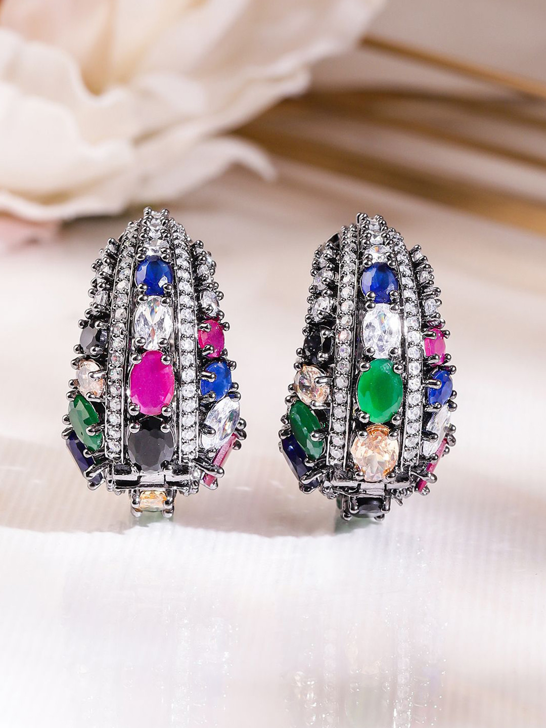 Rubans Black-Toned Multicolour Gemstone & Cubic Zirconia Studded Statement Hoop Earrings