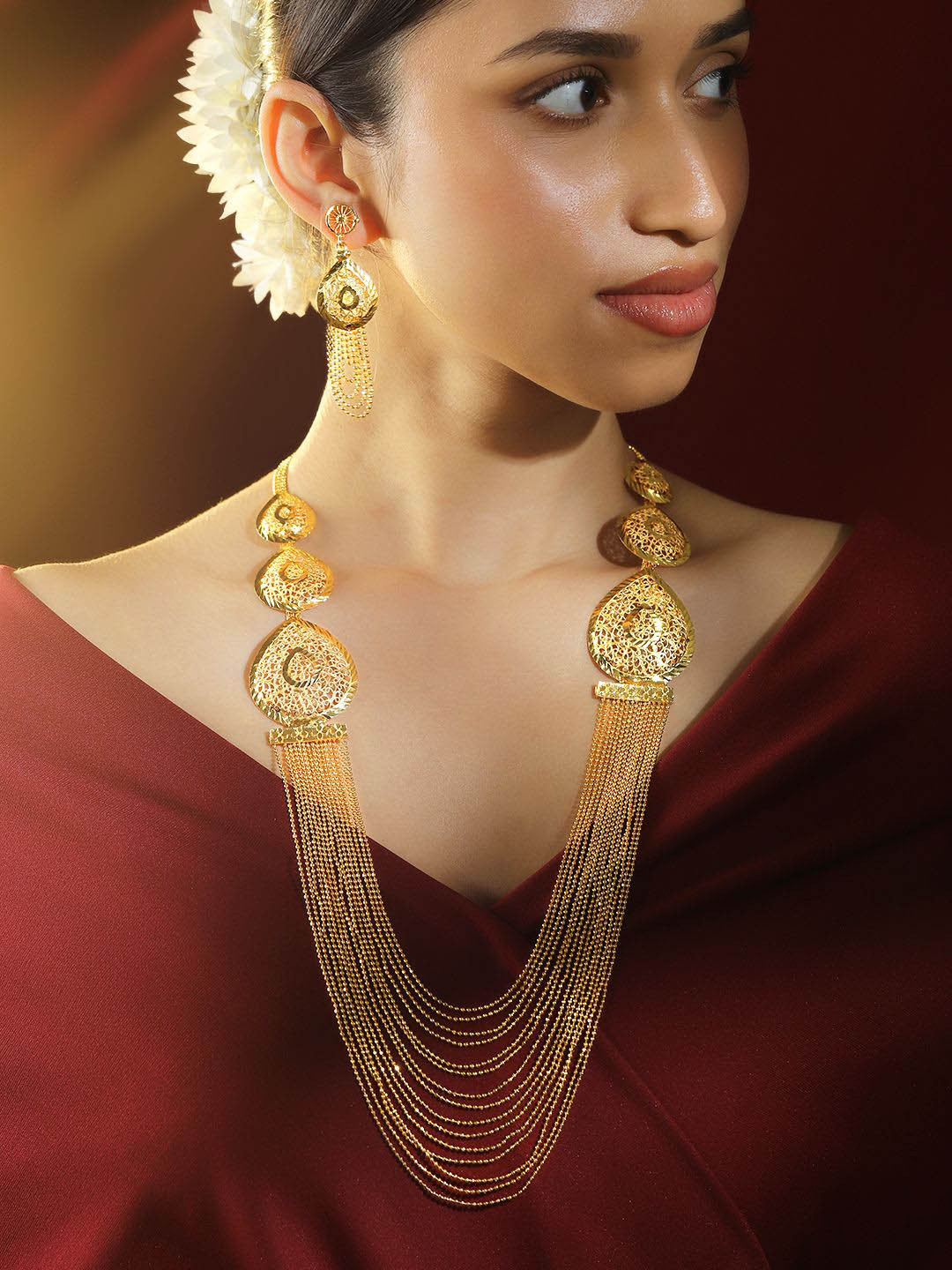 Rubans 18K Gold-Plated Textured Disc & Multi-Layer Beaded Statement Necklace Set