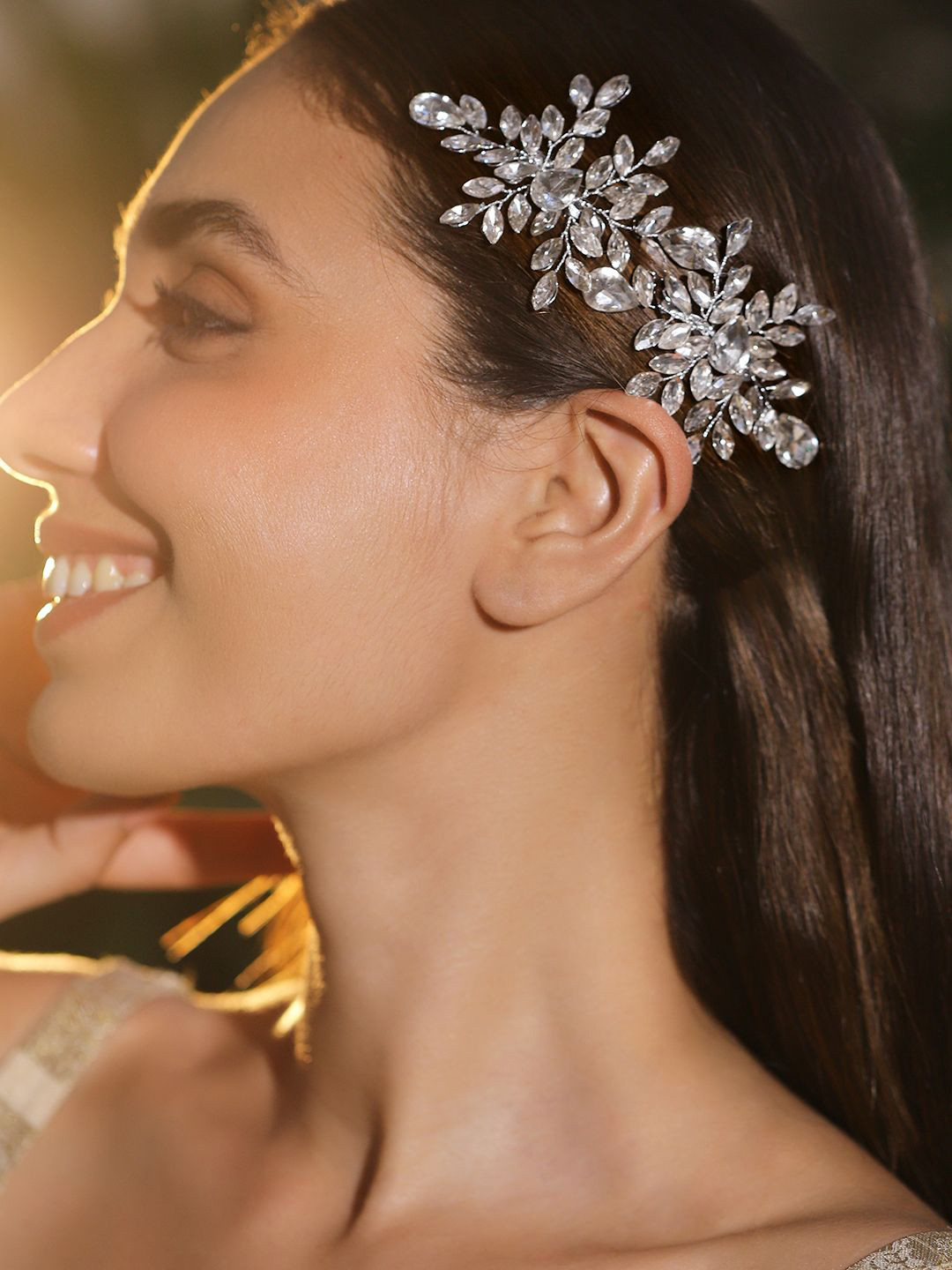 Rubans Set of 2 Silver-Toned Crystal Leaf Design Side Clip Hair Accessory