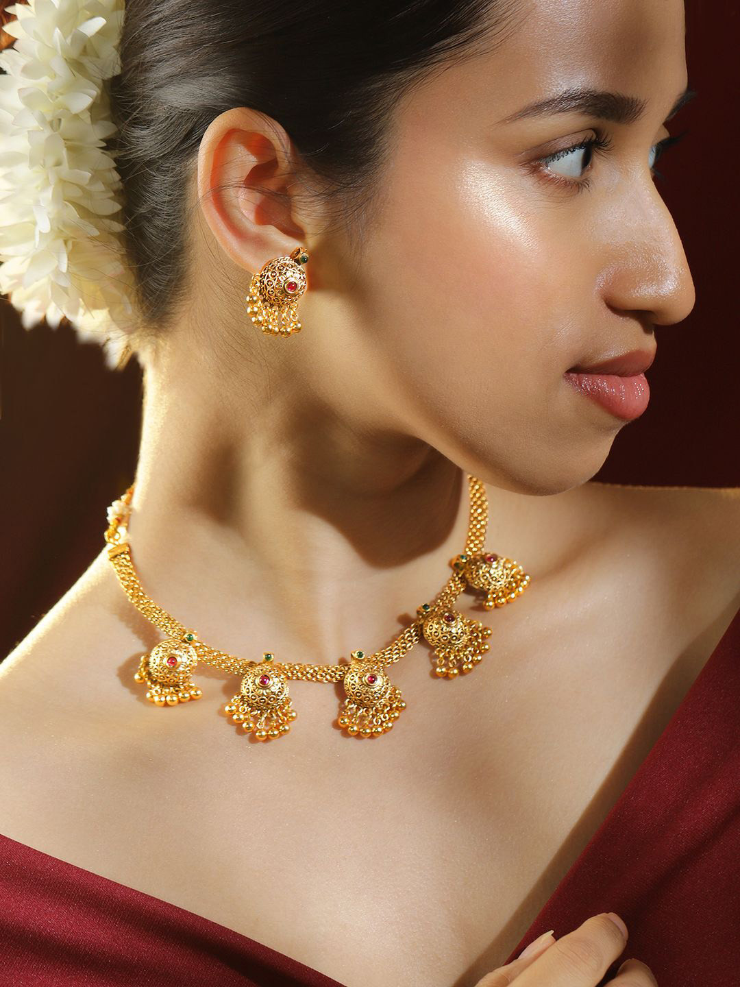 Rubans 18K Gold-Plated Ruby Red & Emerald Green Studded Gold Beaded Brass Necklace Set