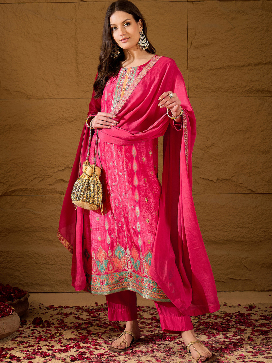 House of Pataudi Yoke Design Mirror Work Chanderi Silk Kurta With Trouser And Dupatta