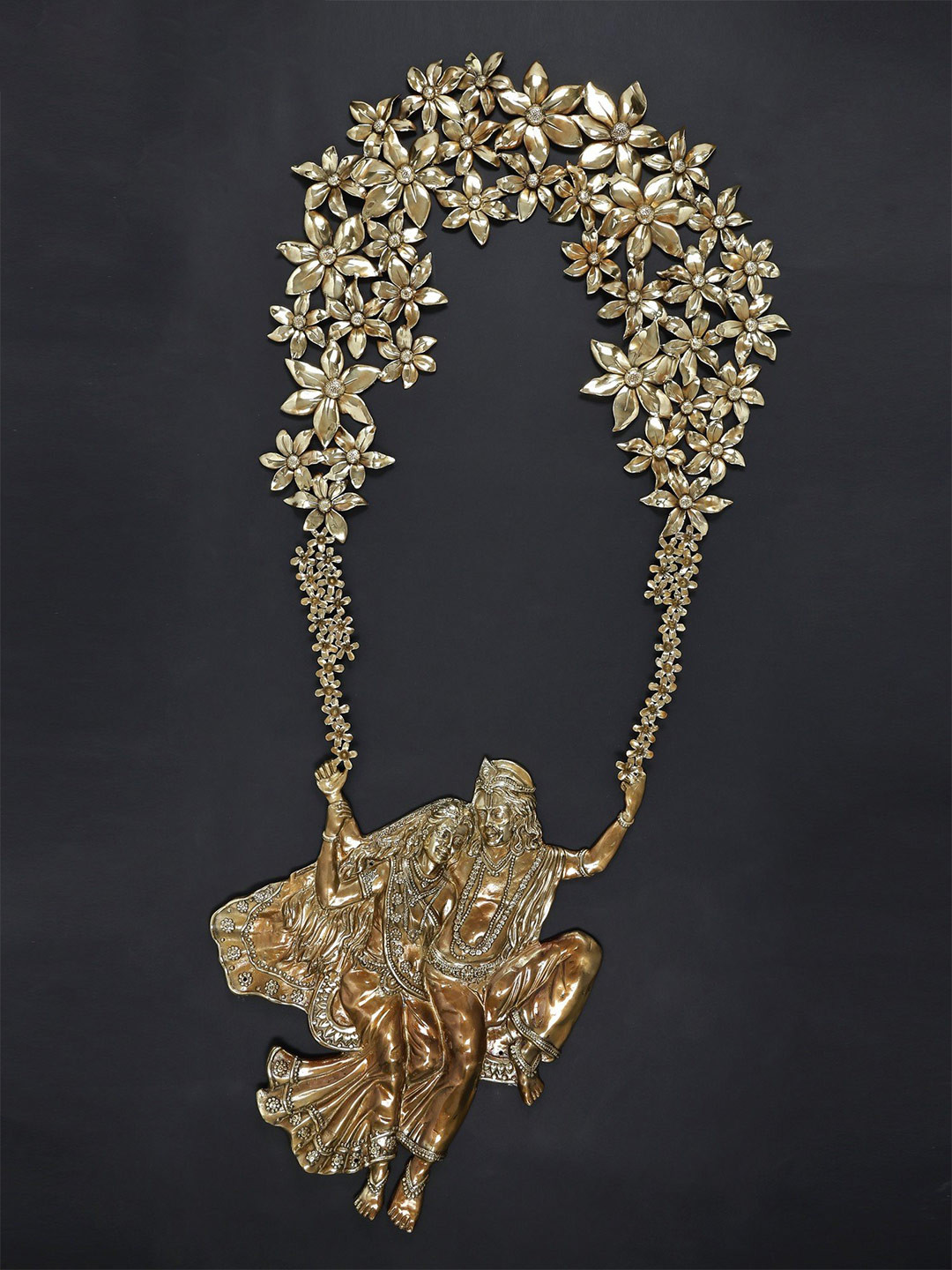 Exotic India Swinging Radha Krishna Brass Ethnic Motifs Glossy Spiritual Wall Decor-64.2In