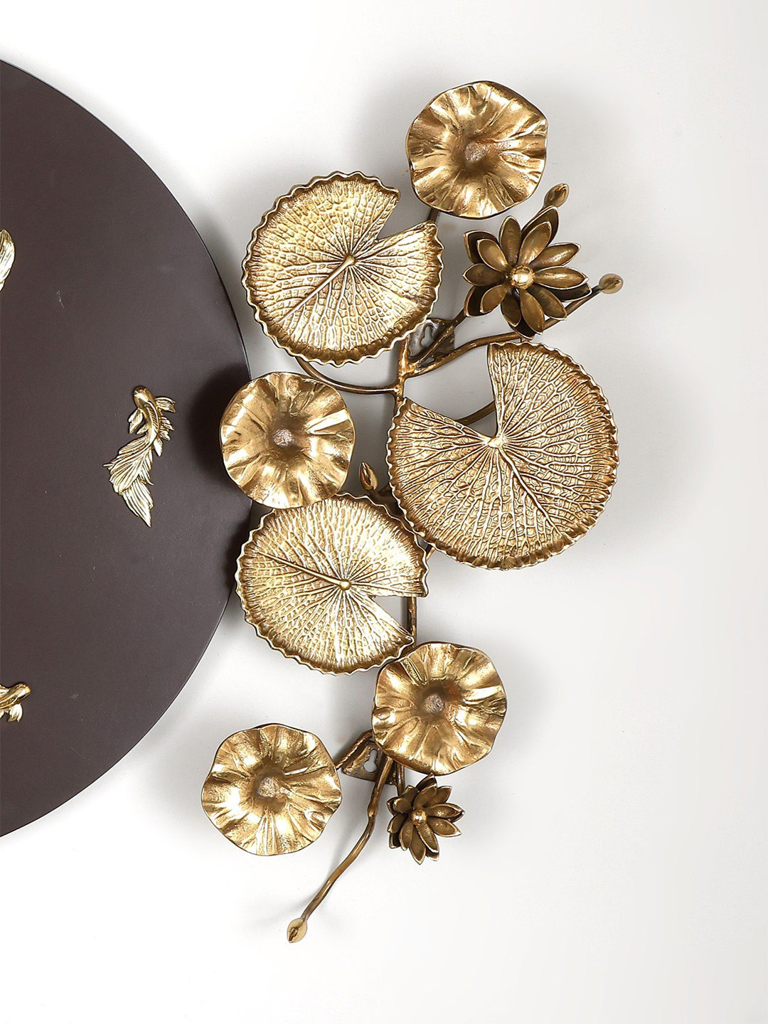 Exotic India Fish and Leaves Design Brass Floral Glossy Hall 3Pcs Wall Hangings-32In