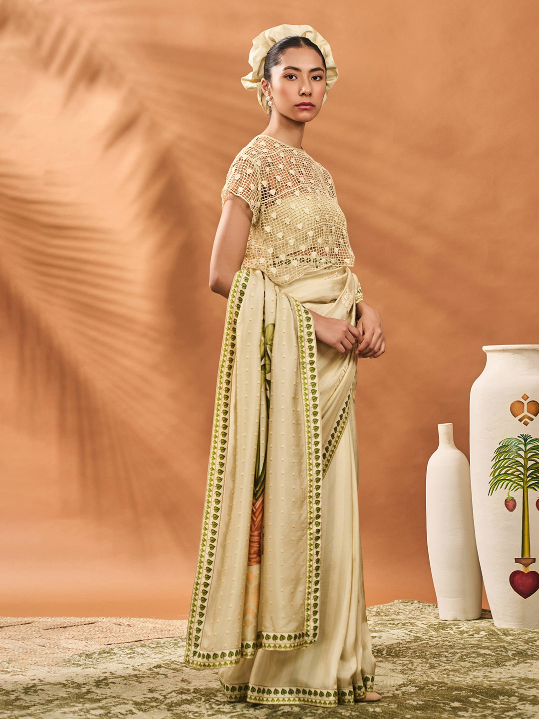 Masaba Women Sage Green Striped All Fours Embellished Patchwork Saree